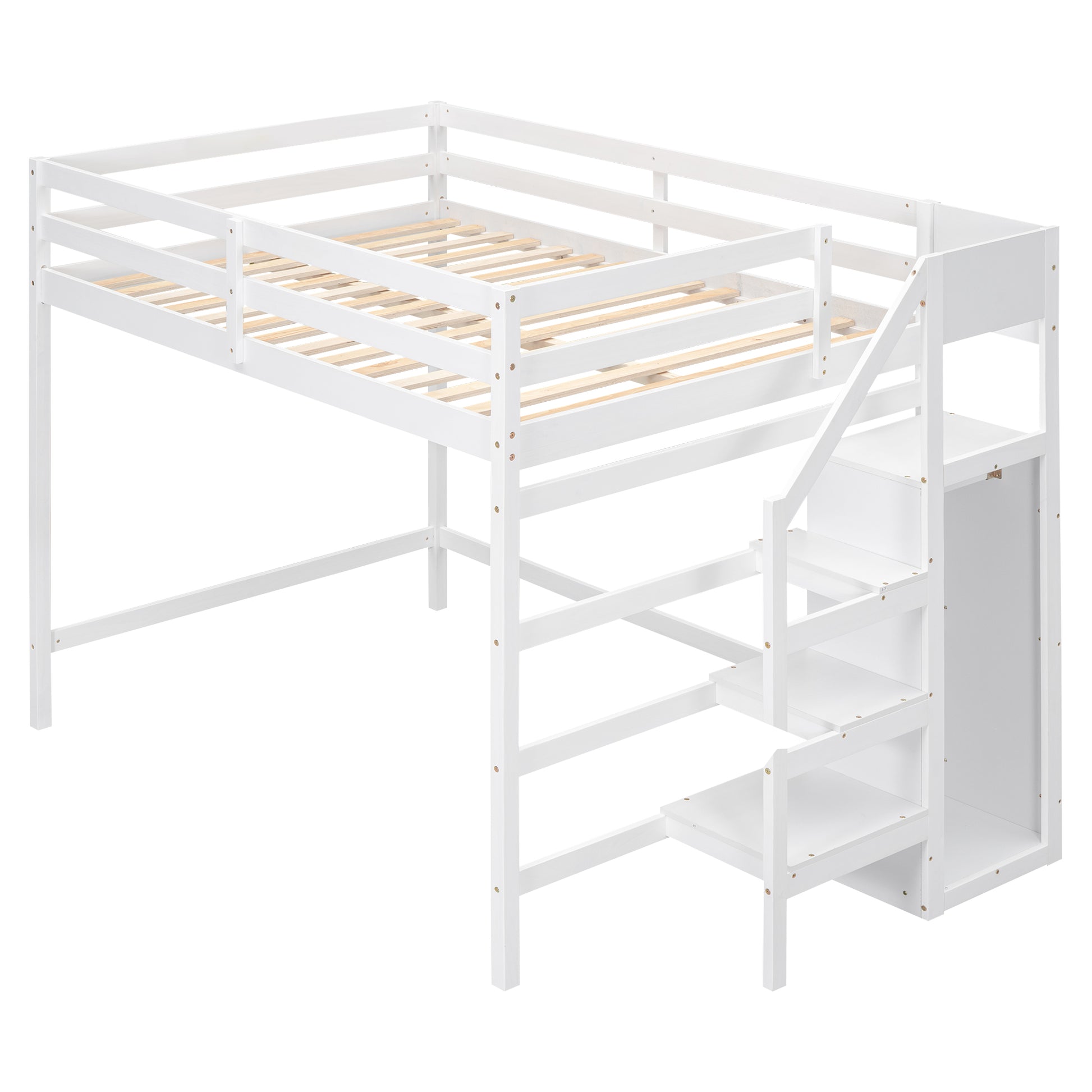 Full Size Loft Bed With Built In Storage Wardrobe And Staircase, White Old Sku:Sm000527Aak Box Spring Not Required Full White Wood Bedroom Pine