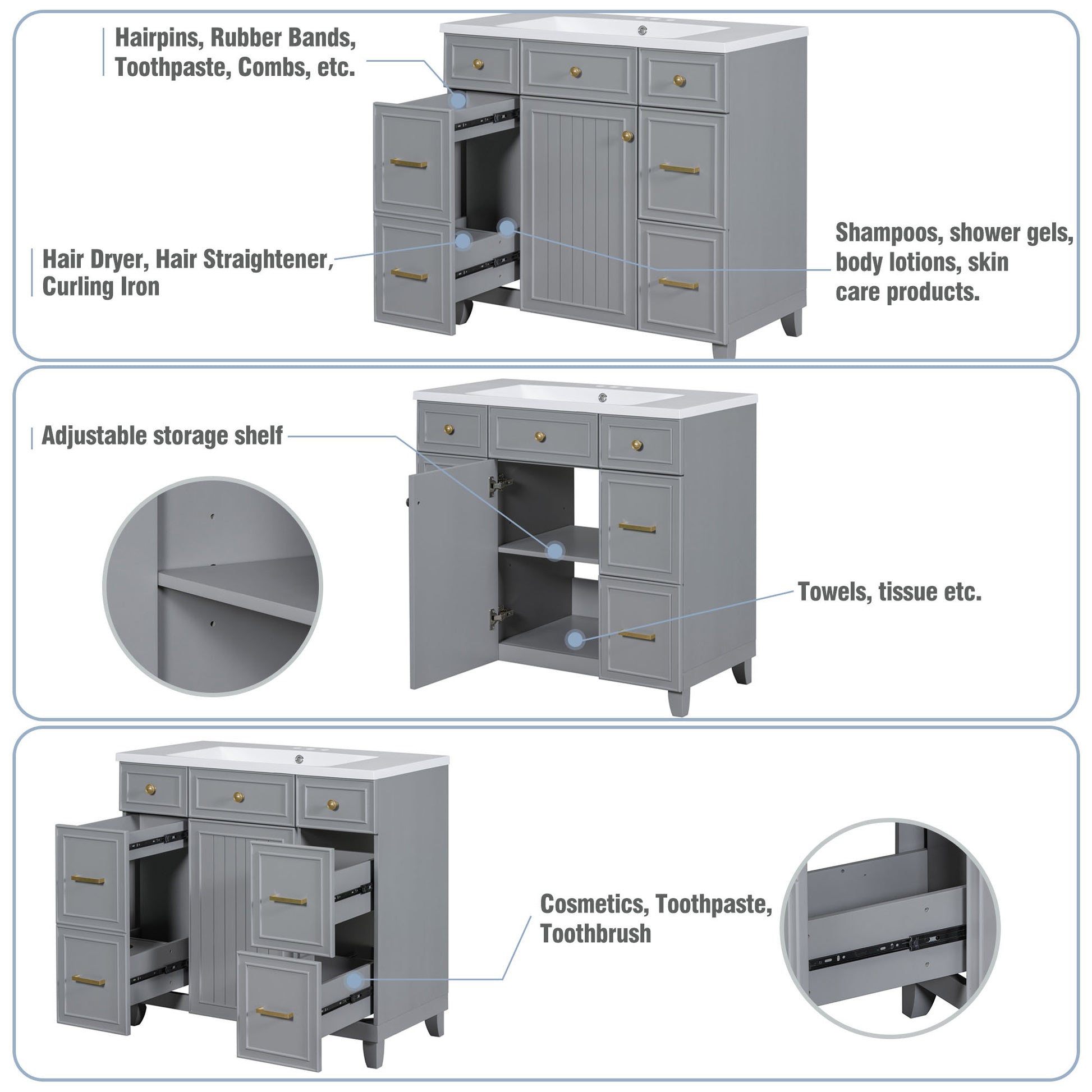 36" Bathroom Vanity Cabinet With Sink Top Combo Set, Grey, Single Sink, Shaker Cabinet With Soft Closing Door And Drawer Gray Solid Wood Mdf Resin