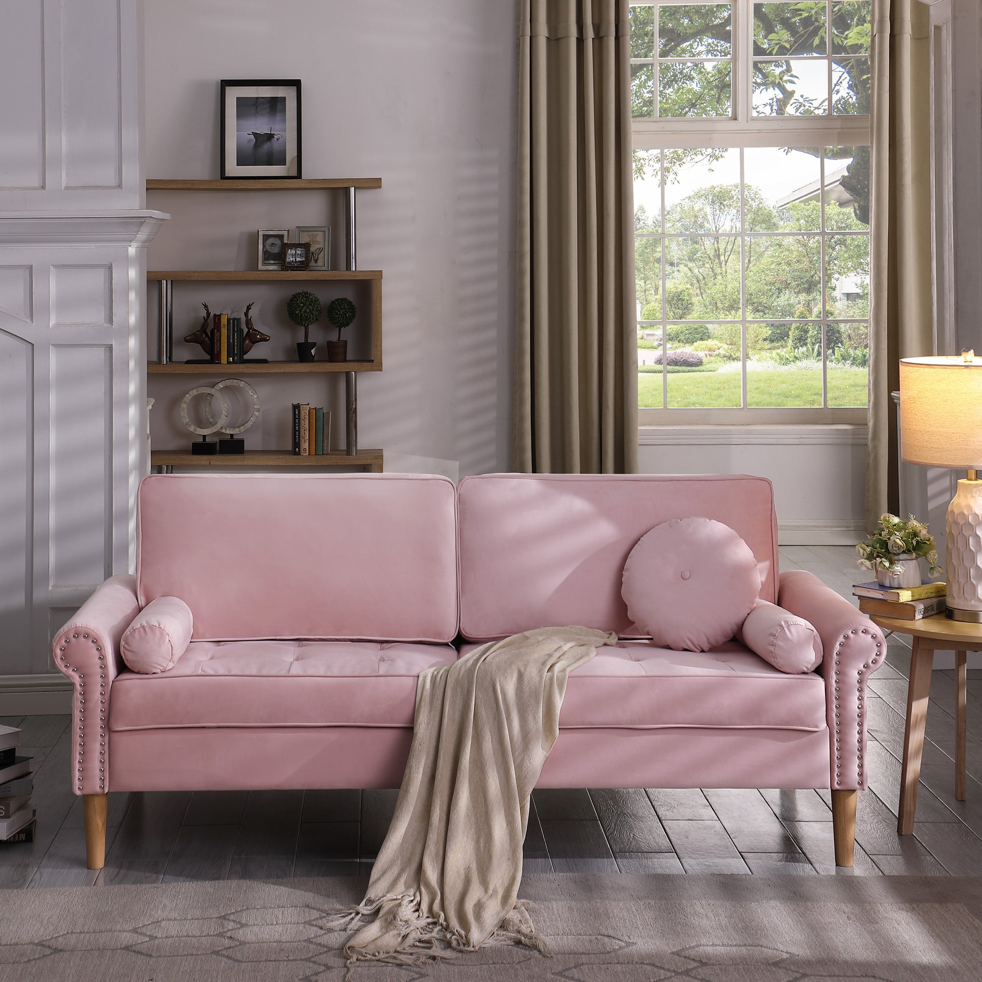 Living Room Sofa,3 Seater Sofawith Copper Nail On Arms ,Three Pillow,Pink Pink Velvet