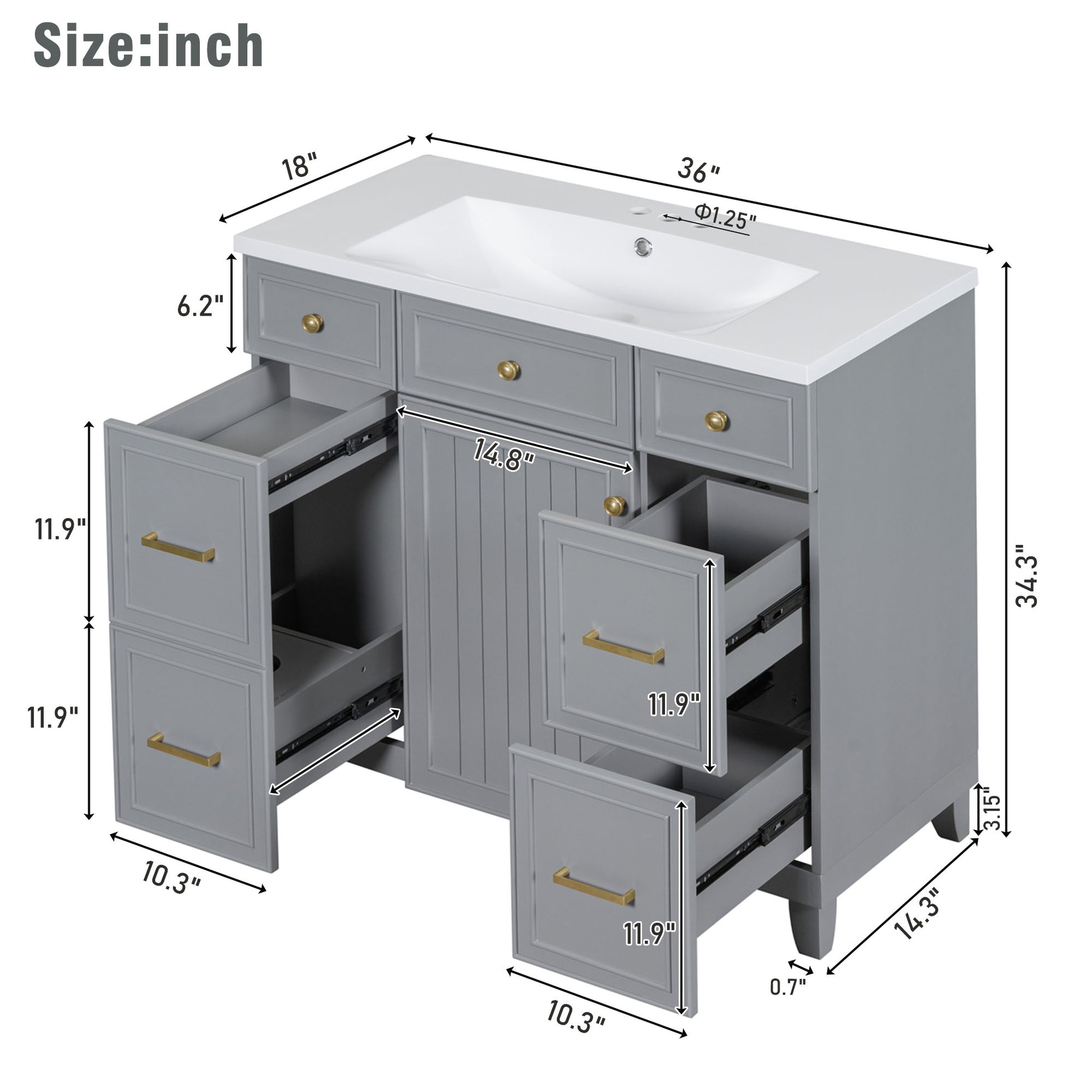 36" Bathroom Vanity Cabinet With Sink Top Combo Set, Grey, Single Sink, Shaker Cabinet With Soft Closing Door And Drawer Gray Solid Wood Mdf Resin