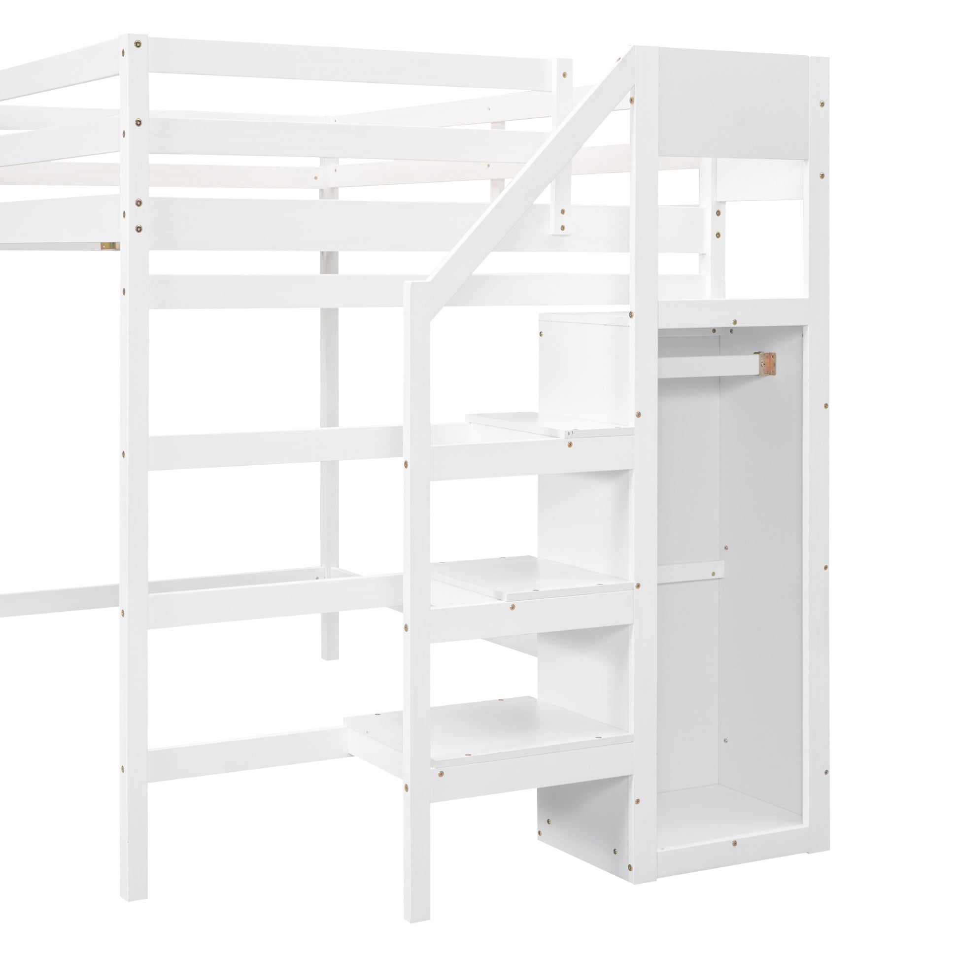 Full Size Loft Bed With Built In Storage Wardrobe And Staircase, White Old Sku:Sm000527Aak Box Spring Not Required Full White Wood Bedroom Pine