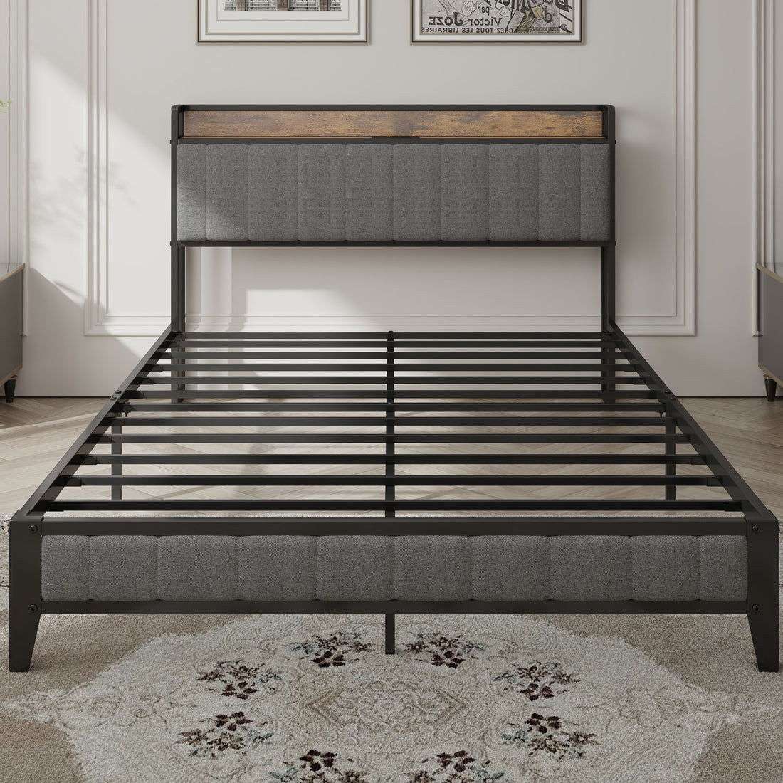 Full Size Bed Frame With Charging Station, Upholstered Headboard, Metal Platform, Grey Box Spring Not Required Full Dark Gray Metal Bedroom Bed Frame Upholstered Linen Metal