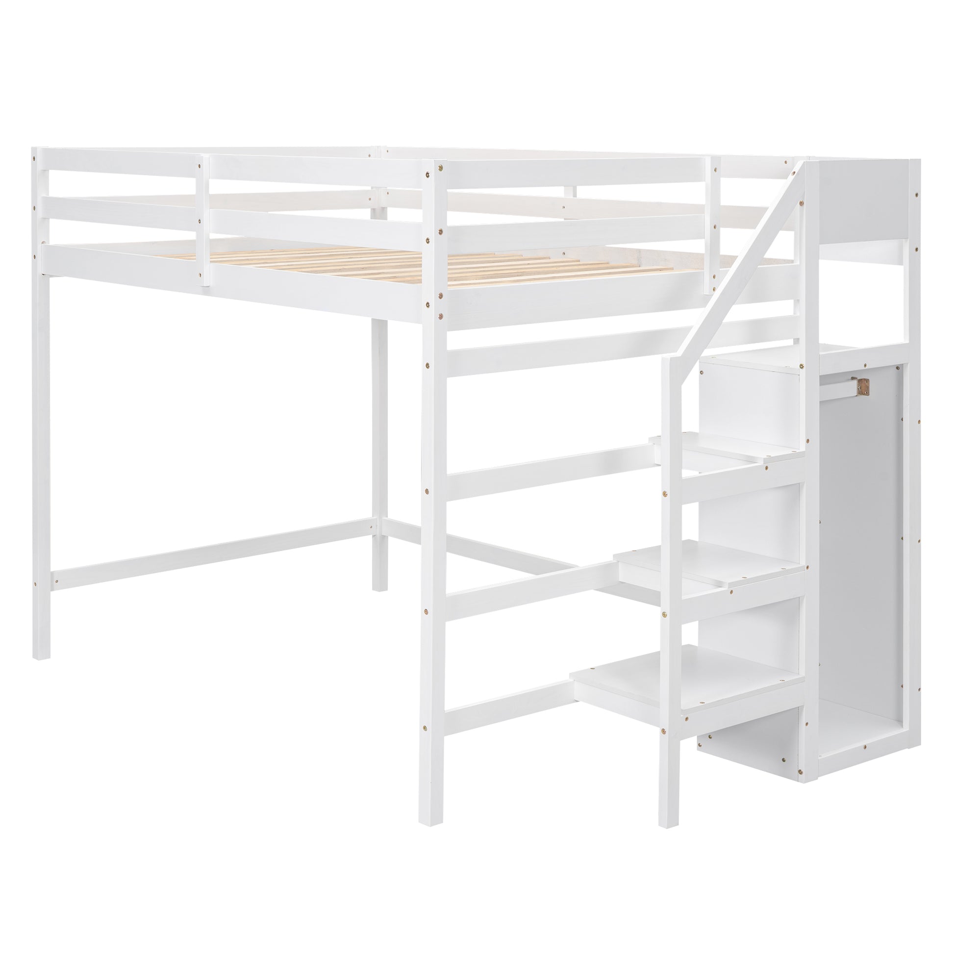 Full Size Loft Bed With Built In Storage Wardrobe And Staircase, White Old Sku:Sm000527Aak Box Spring Not Required Full White Wood Bedroom Pine