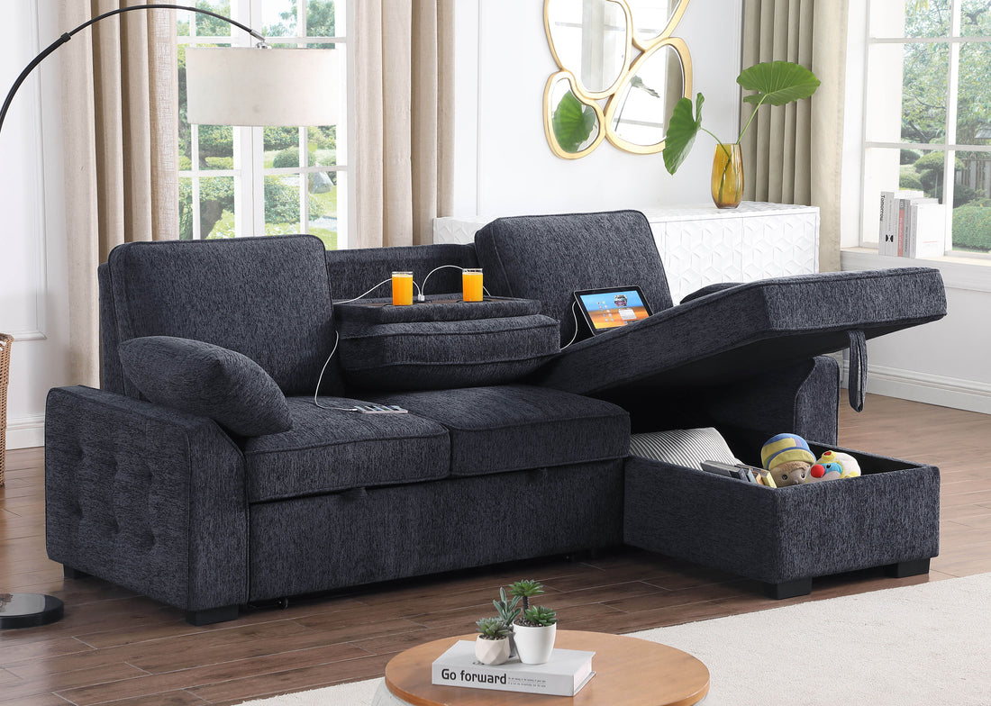 Mackenzie 91" Dark Gray Chenille Fabric Reversible Sleeper Sectional With Right Facing Storage Chaise, Drop Down Table, Cup Holders And Charging Ports Dark Gray Chenille 3 Seat