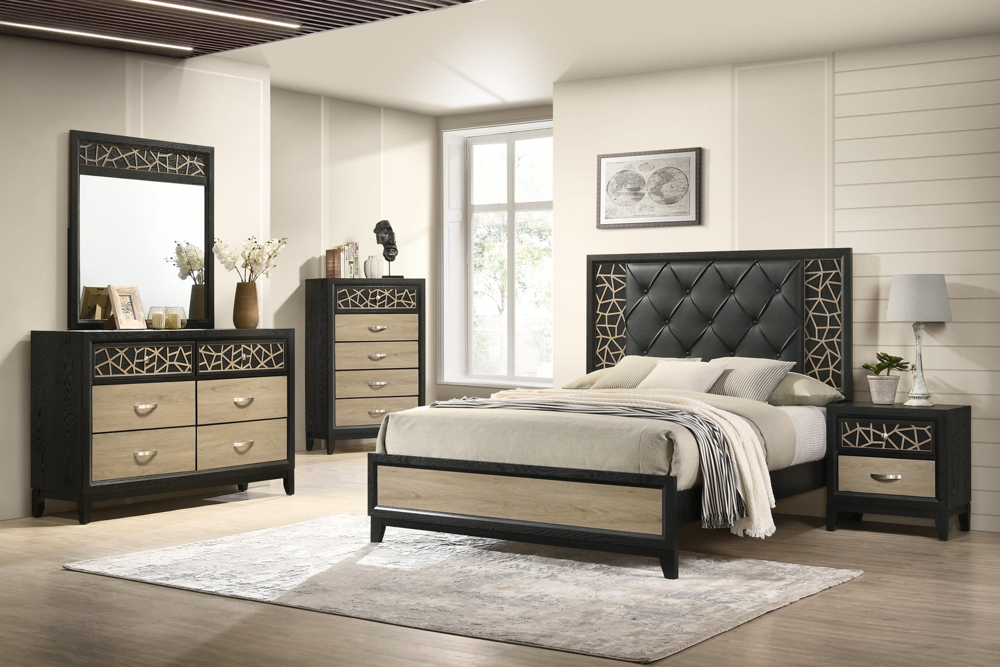 Selena Modern & Contemporary Queen Bed Made With Wood In Black And Natural Box Spring Not Required Queen Black Natural Wood Bedroom Contemporary,Modern Upholstered Wood