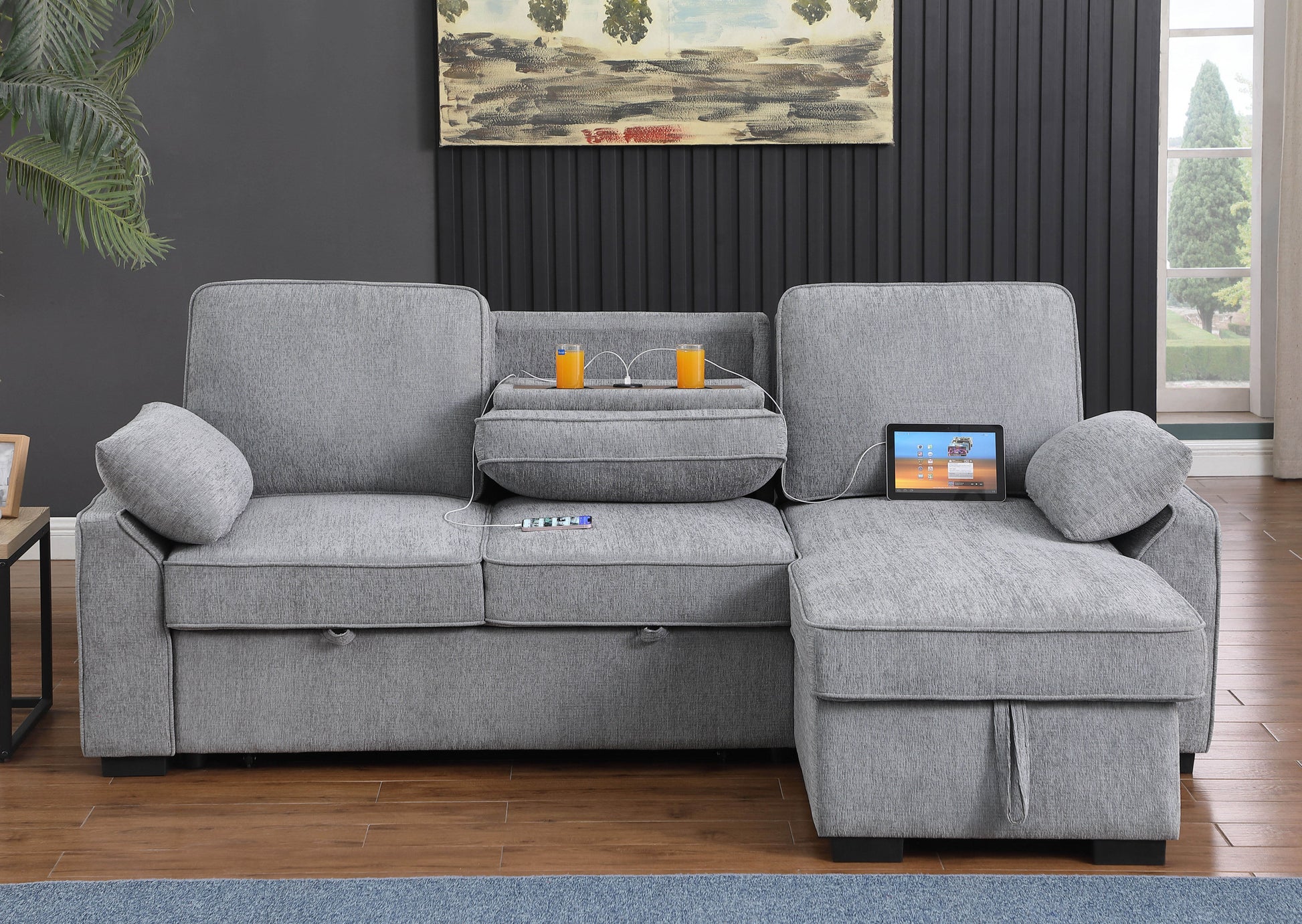 Mackenzie 91"W Light Gray Chenille Fabric Sleeper Sectional With Right Facing Storage Chaise, Drop Down Table, Cup Holders And Charging Ports Light Gray Chenille 3 Seat