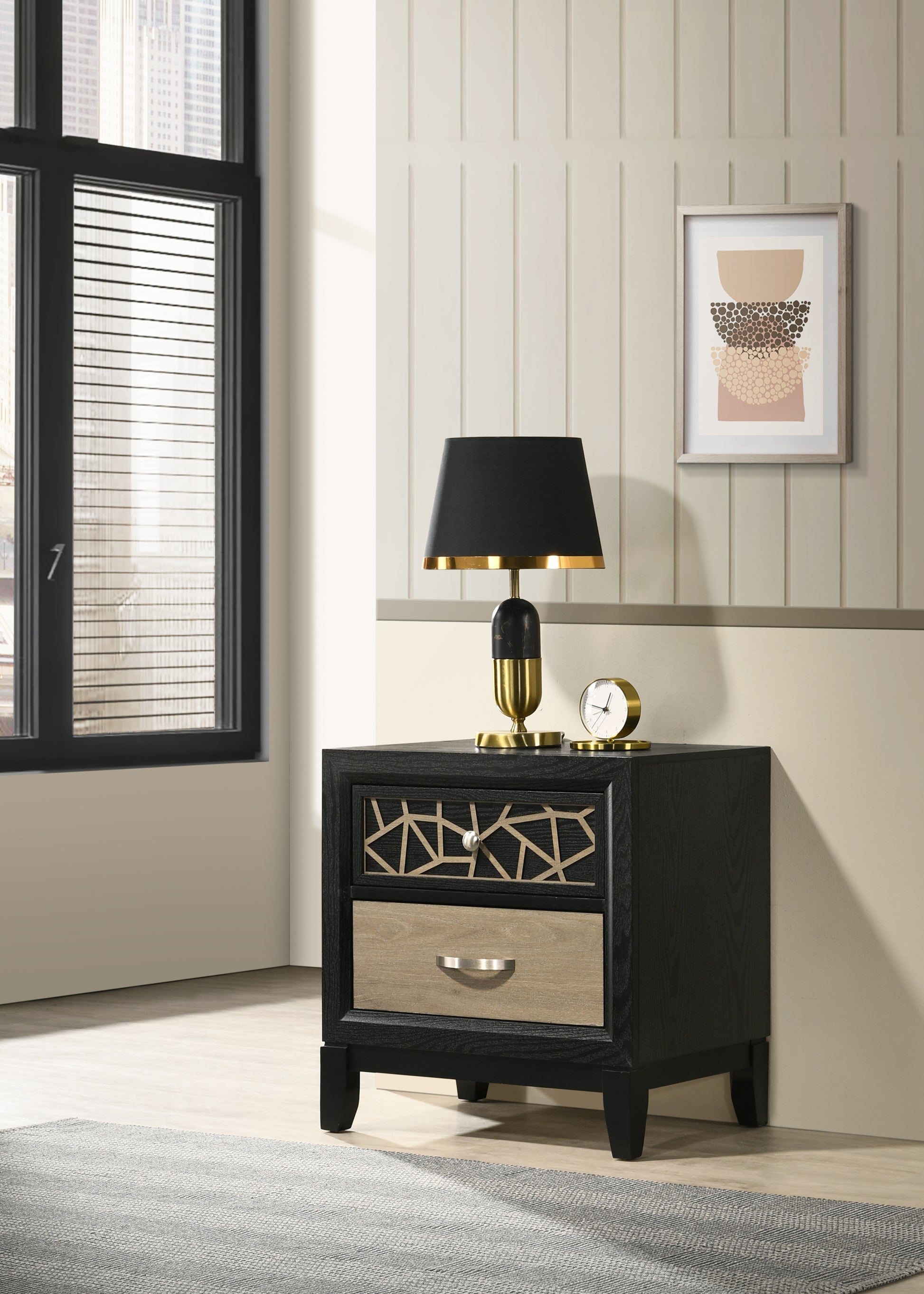 Selena Modern & Contemporary King 4Pc Bedroom Set Made With Wood In Black And Natural Box Spring Not Required King Black Natural Wood 4 Piece Set Bedroom Bed Included,Dresser Included,Mirror Included,Nightstand Included Contemporary,Modern Upholstered