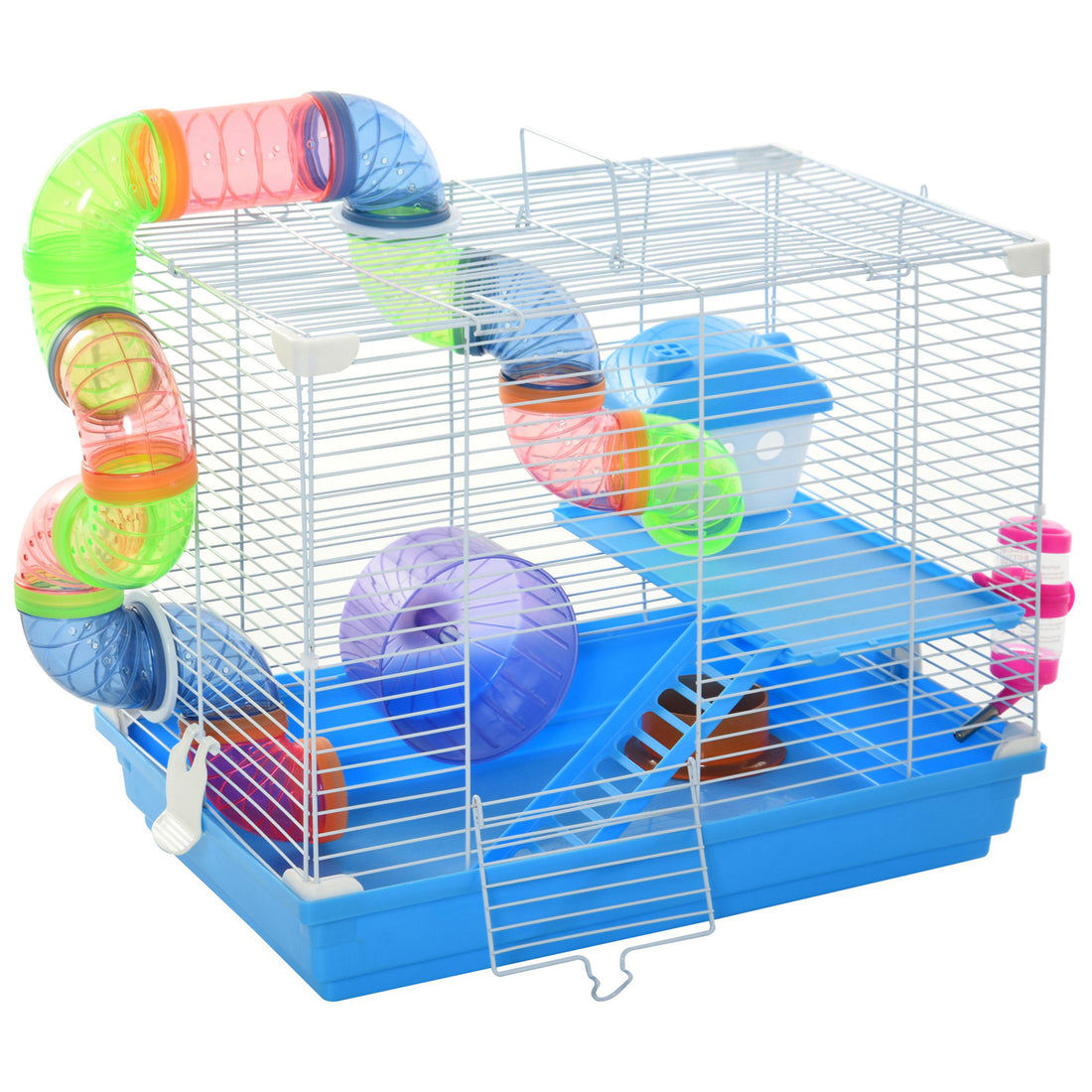 18" 2 Tier Hamster Cage With Wheel And Water Bottle, Blue Blue Metal