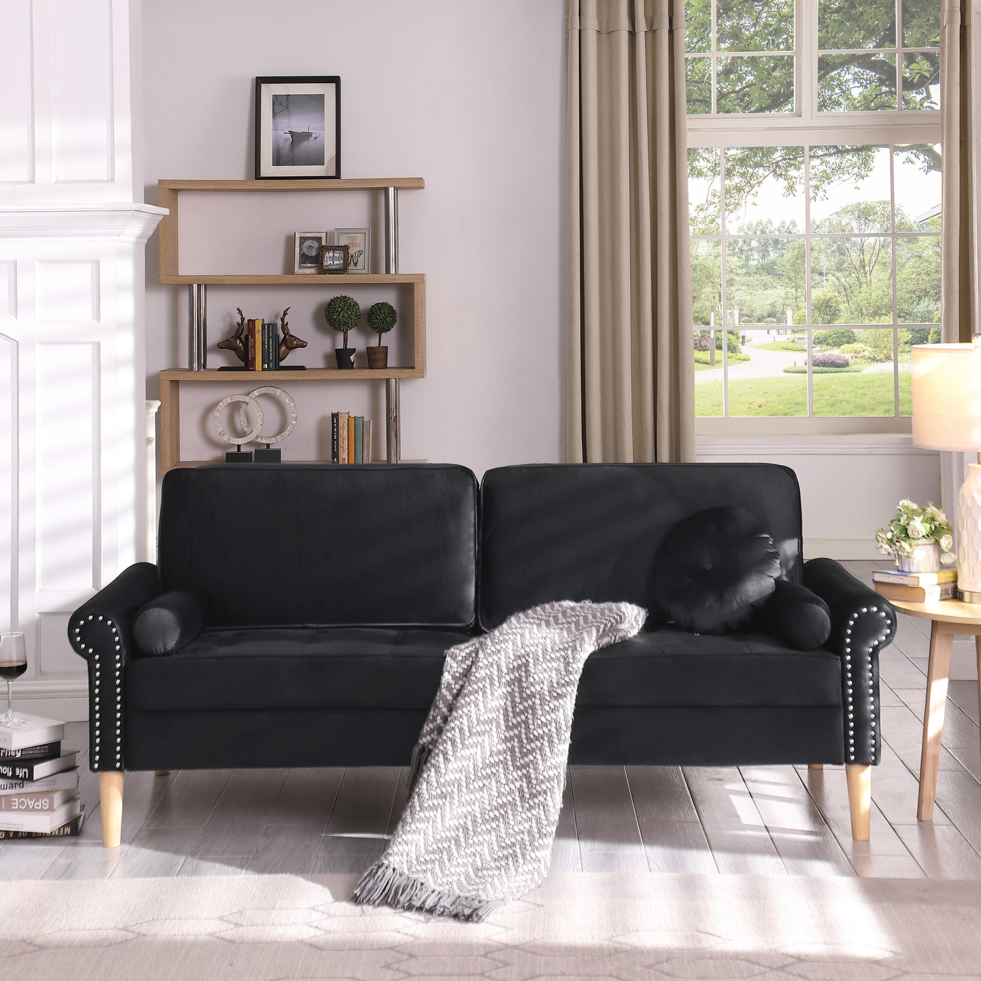 Living Room Sofa,3 Seater Sofawith Copper Nail On Arms ,Three Pillow,Black Black Velvet