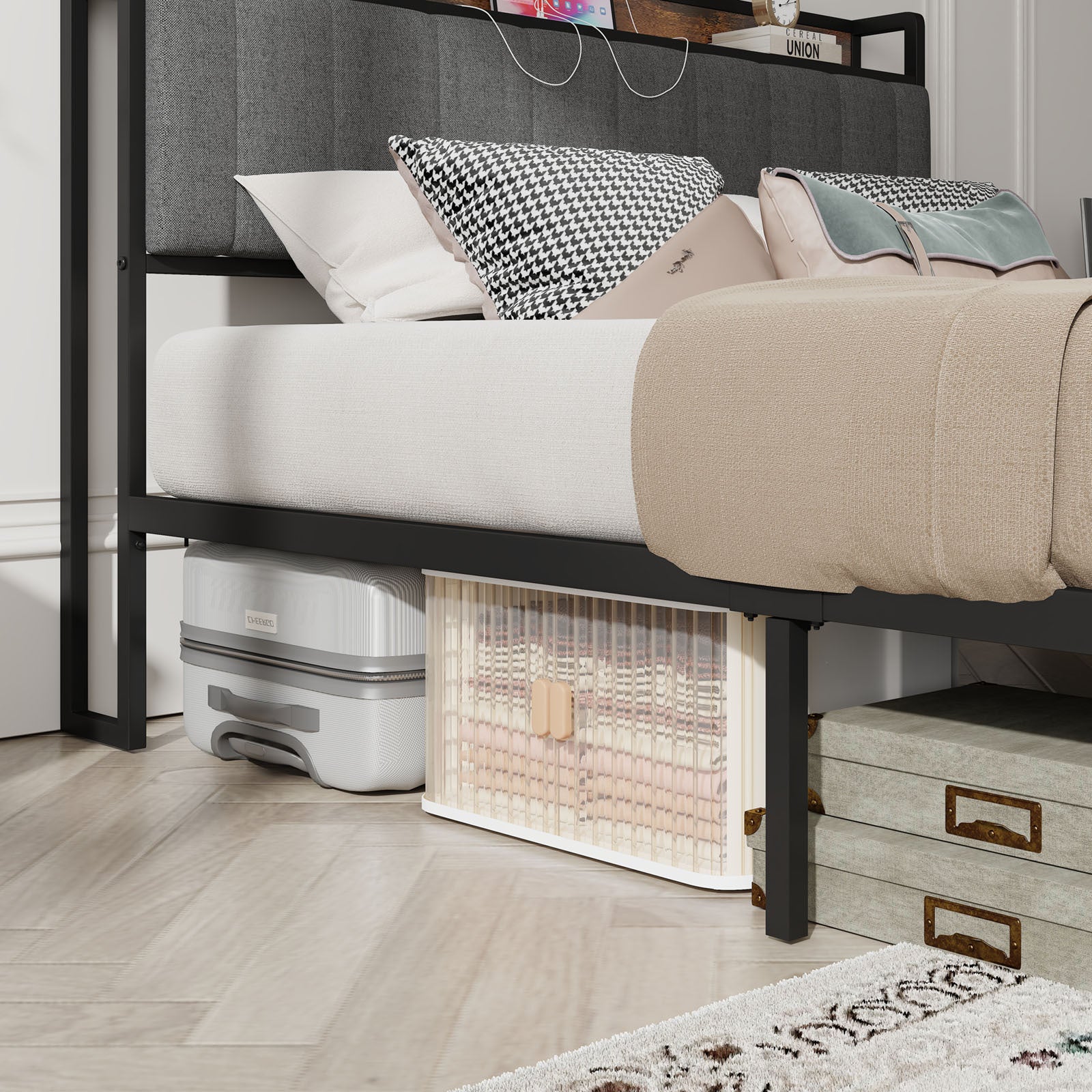 Queen Size Bed Frame With Charging Station, Upholstered Headboard, Metal Platform, Grey Box Spring Not Required Queen Dark Gray Metal Bedroom Bed Frame Upholstered Linen Metal