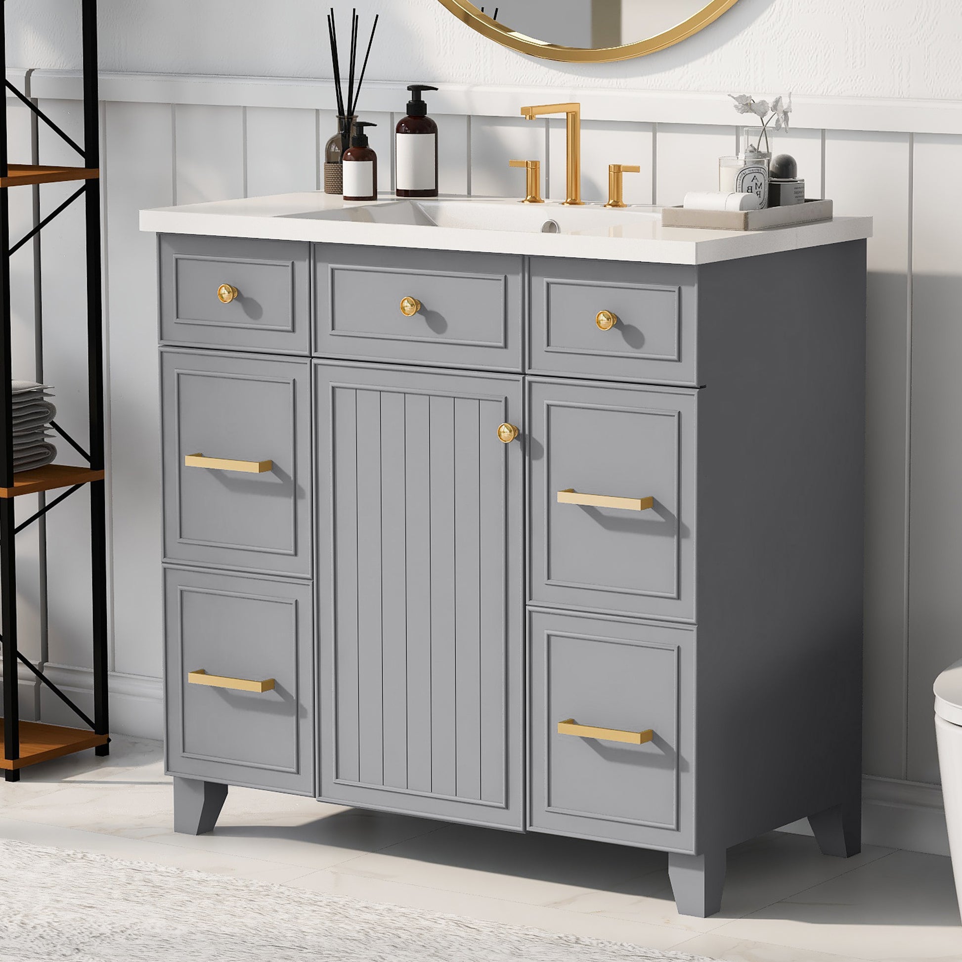 36" Bathroom Vanity Cabinet With Sink Top Combo Set, Grey, Single Sink, Shaker Cabinet With Soft Closing Door And Drawer Gray Solid Wood Mdf Resin