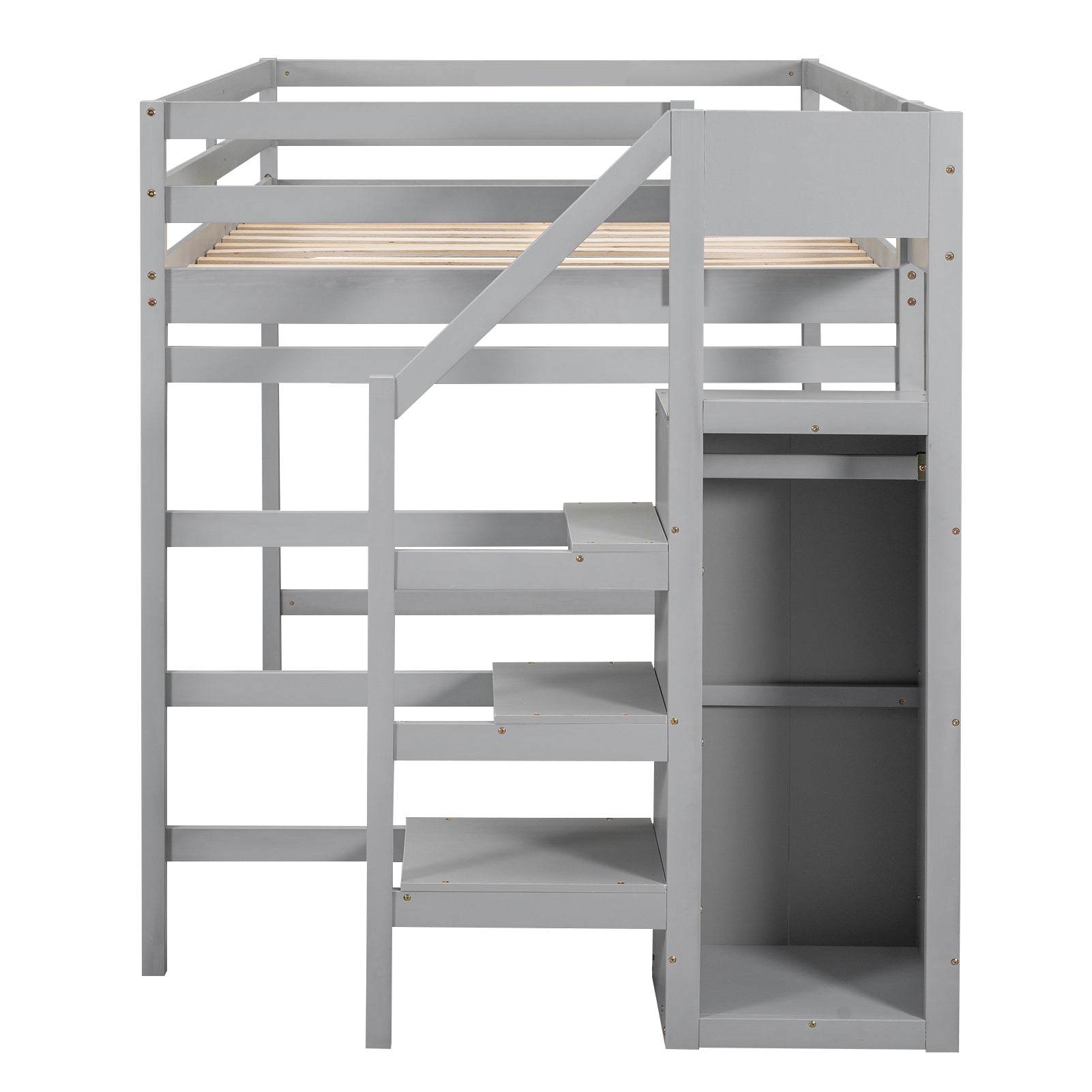 Full Size Loft Bed With Built In Storage Wardrobe And Staircase, Gray Box Spring Not Required Full Gray Wood Bedroom Pine