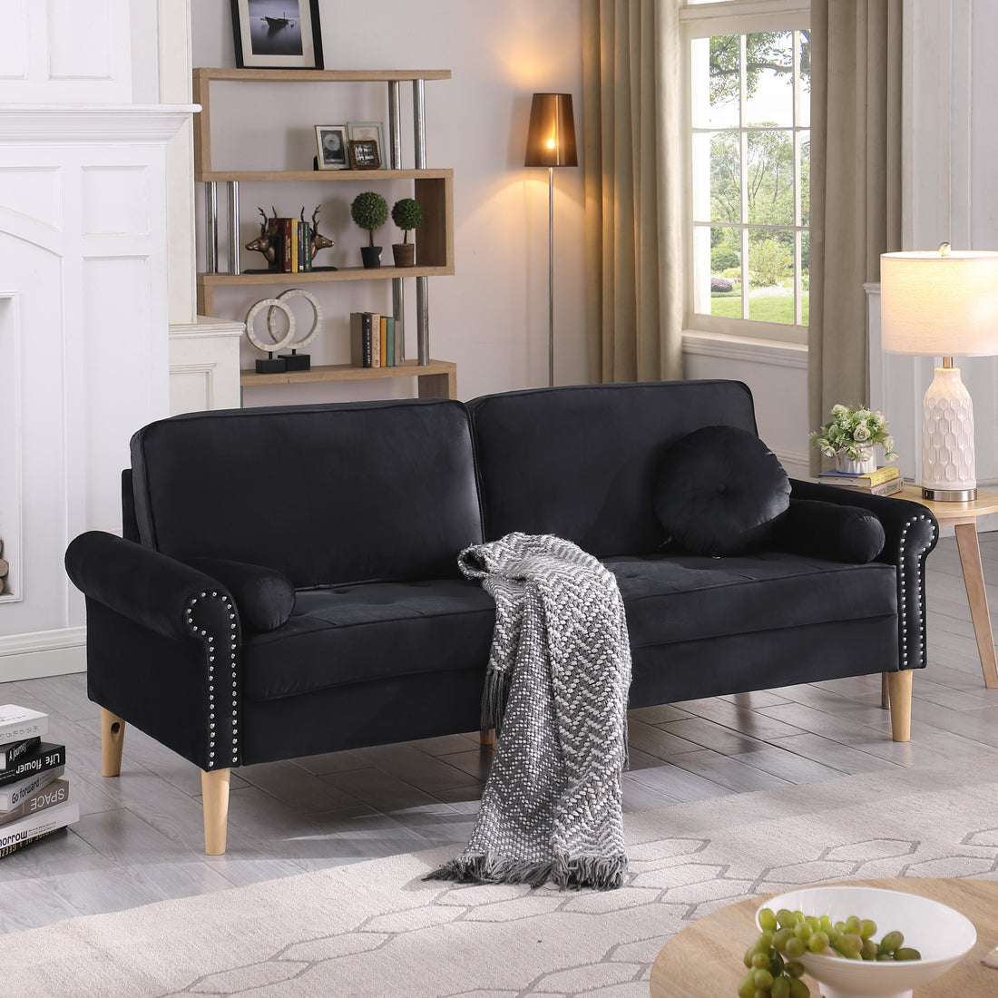 Living Room Sofa,3 Seater Sofawith Copper Nail On Arms ,Three Pillow,Black Black Velvet