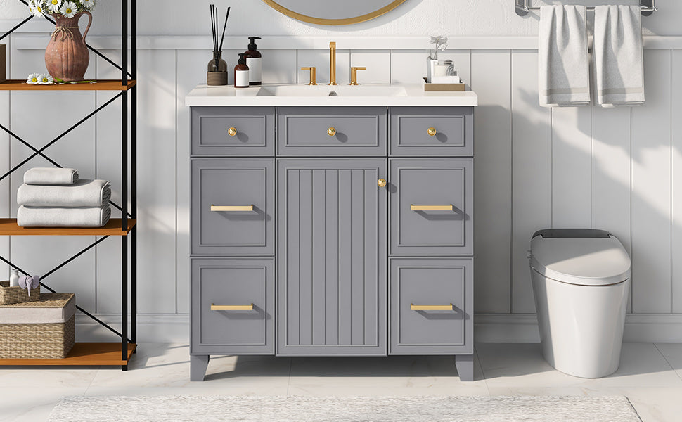 36" Bathroom Vanity Cabinet With Sink Top Combo Set, Grey, Single Sink, Shaker Cabinet With Soft Closing Door And Drawer Gray Solid Wood Mdf Resin