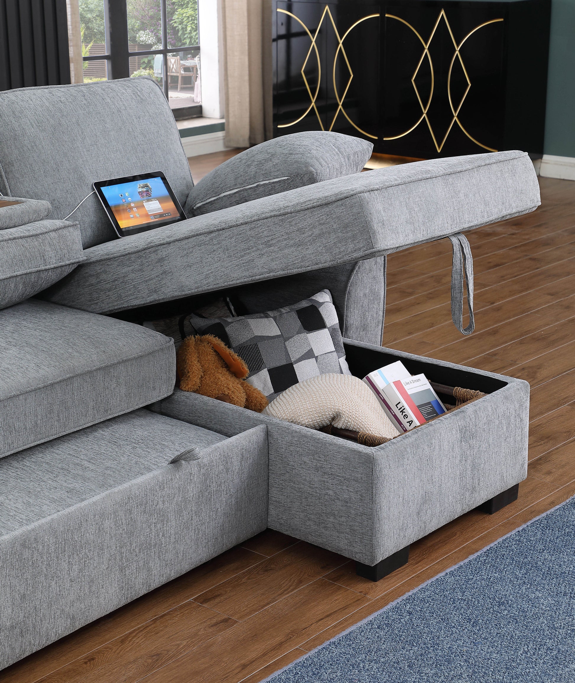Mackenzie 91"W Light Gray Chenille Fabric Sleeper Sectional With Right Facing Storage Chaise, Drop Down Table, Cup Holders And Charging Ports Light Gray Chenille 3 Seat