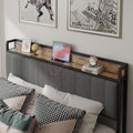 Queen Size Bed Frame With Charging Station, Upholstered Headboard, Metal Platform, Grey Box Spring Not Required Queen Dark Gray Metal Bedroom Bed Frame Upholstered Linen Metal