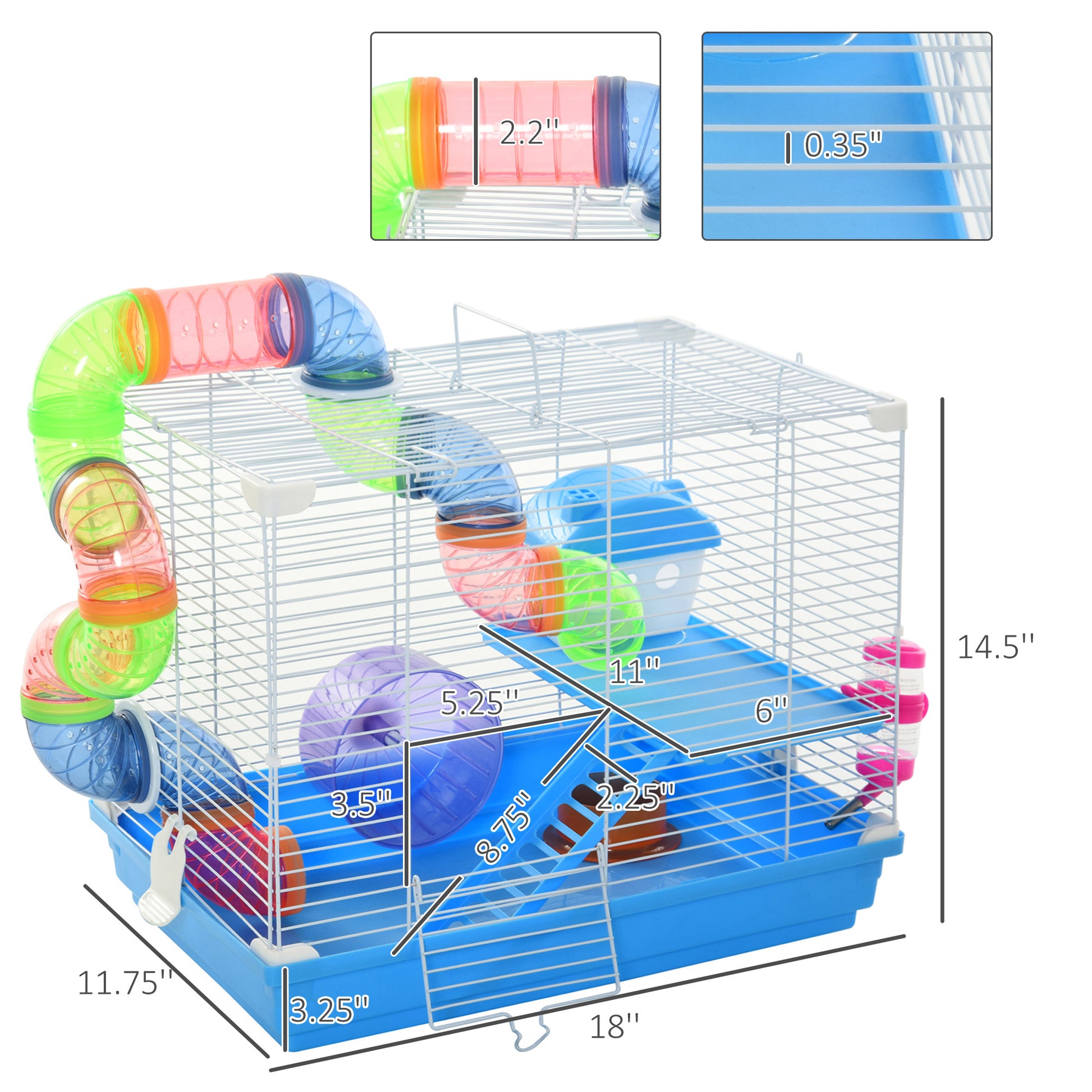 18" 2 Tier Hamster Cage With Wheel And Water Bottle, Blue Blue Metal