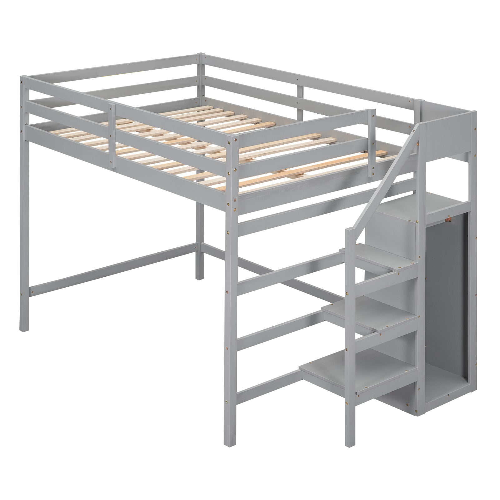 Full Size Loft Bed With Built In Storage Wardrobe And Staircase, Gray Old Sku:Sm000527Aae Box Spring Not Required Full Gray Wood Bedroom Pine