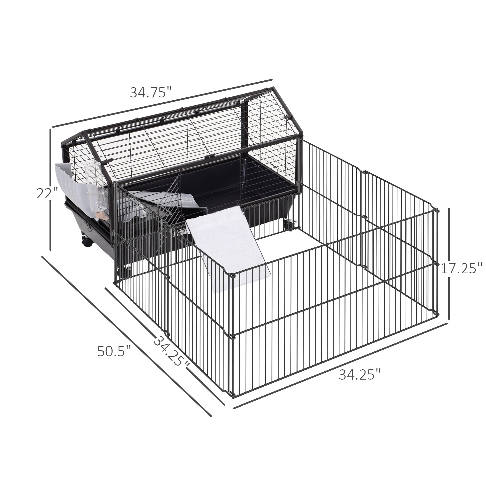 Small Animal Playpen Cage W Rolling Caster, Water Bottle, 35" L Black Steel