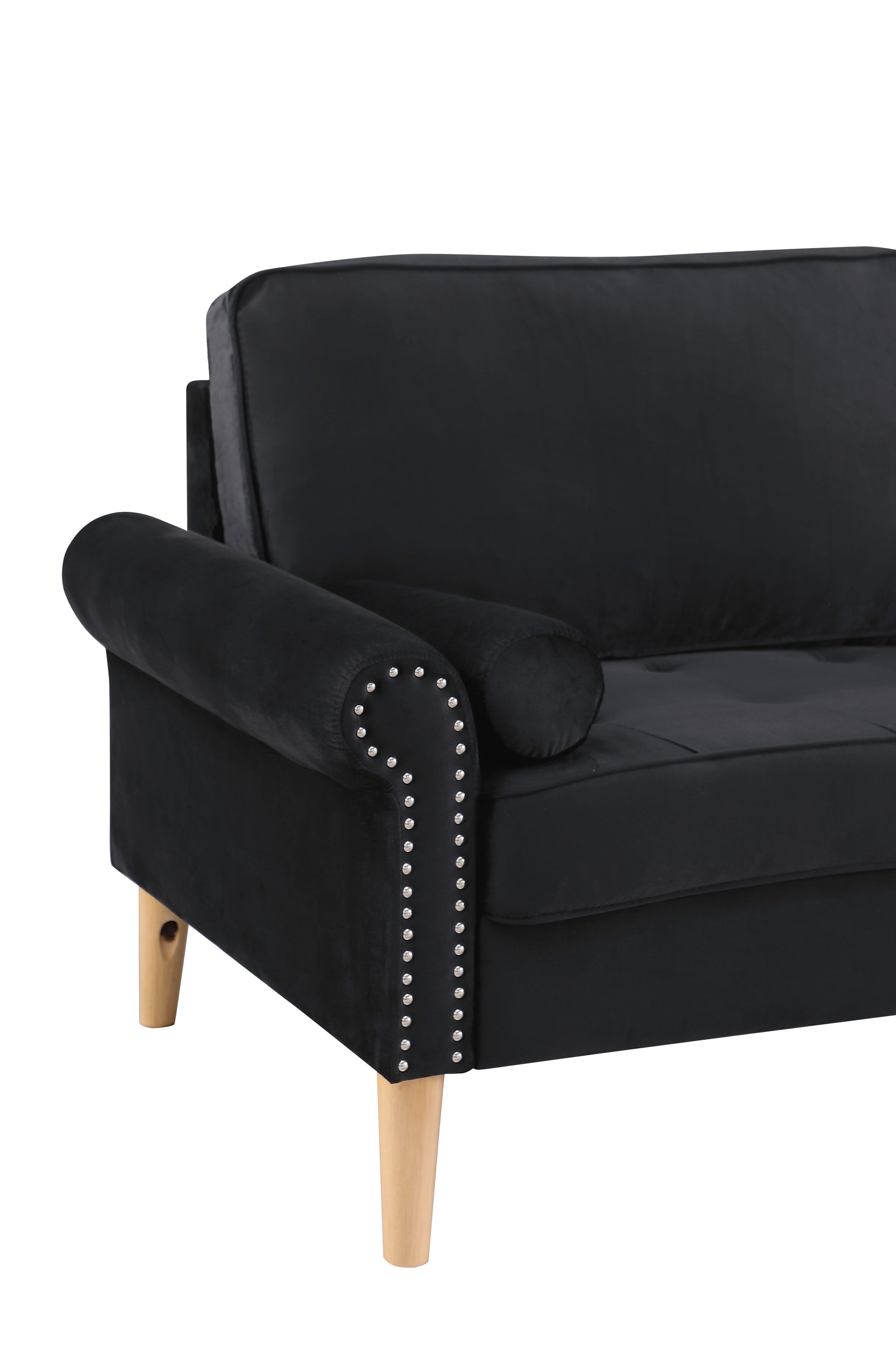 Living Room Sofa,3 Seater Sofawith Copper Nail On Arms ,Three Pillow,Black Black Velvet