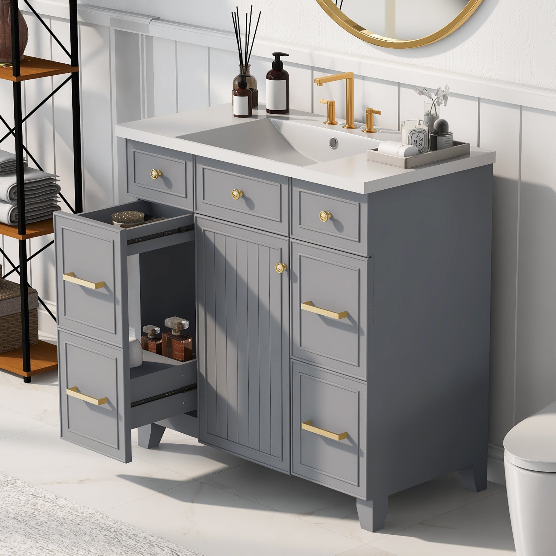 36" Bathroom Vanity Cabinet With Sink Top Combo Set, Grey, Single Sink, Shaker Cabinet With Soft Closing Door And Drawer Gray Solid Wood Mdf Resin