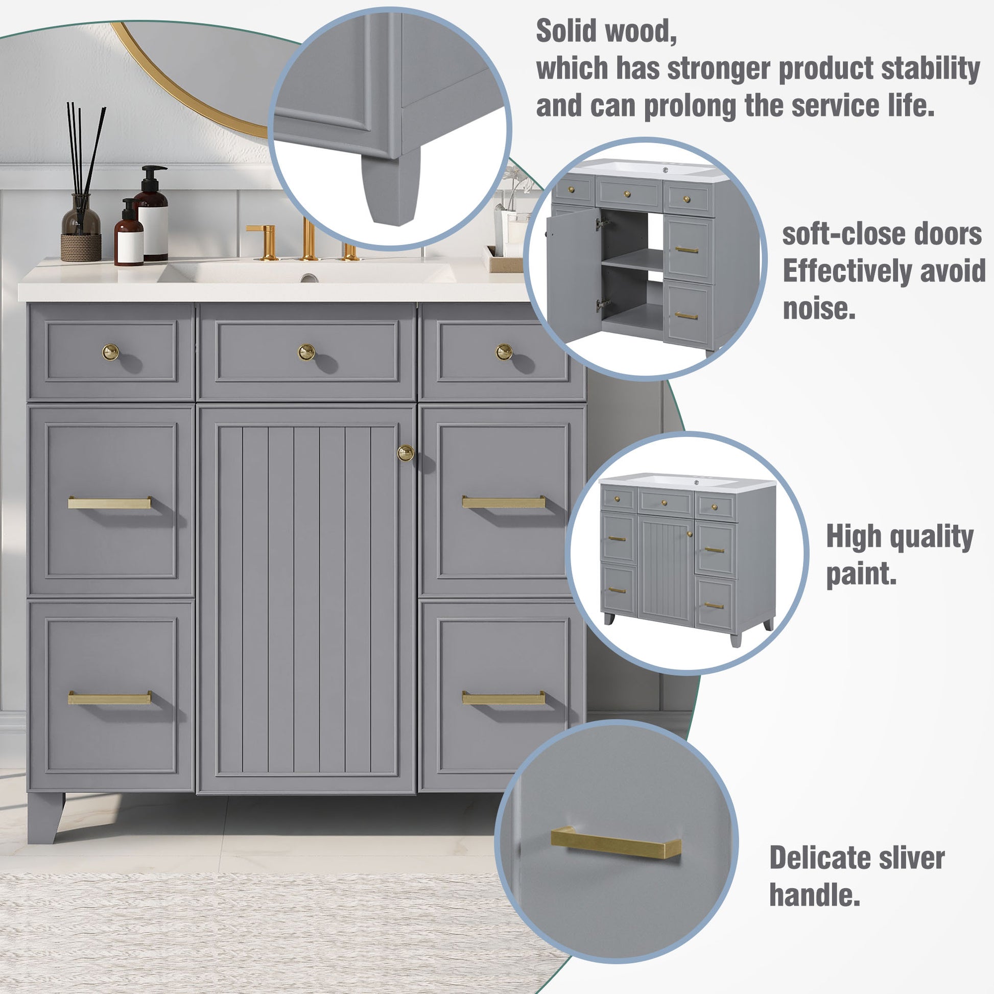 36" Bathroom Vanity Cabinet With Sink Top Combo Set, Grey, Single Sink, Shaker Cabinet With Soft Closing Door And Drawer Gray Solid Wood Mdf Resin