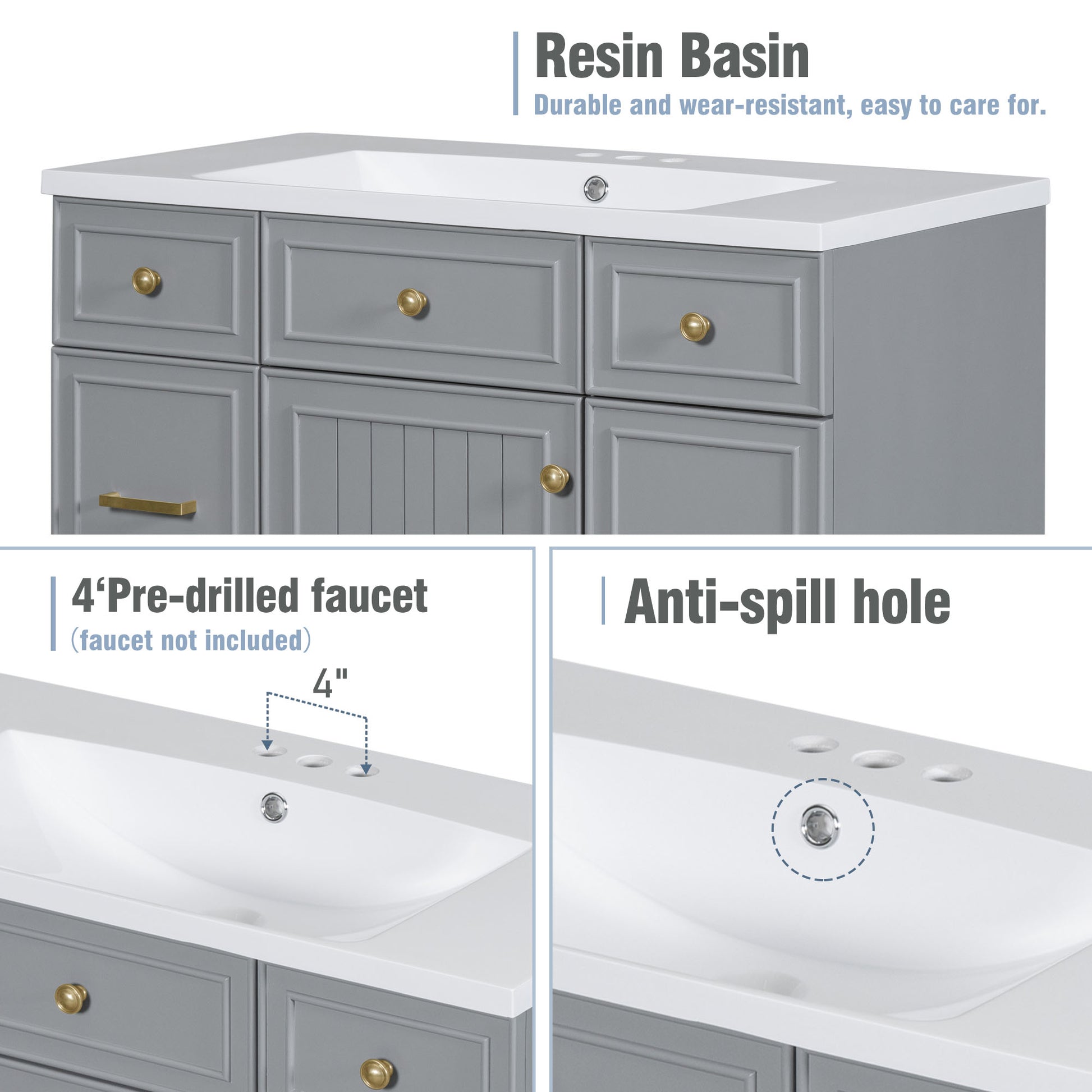 36" Bathroom Vanity Cabinet With Sink Top Combo Set, Grey, Single Sink, Shaker Cabinet With Soft Closing Door And Drawer Gray Solid Wood Mdf Resin