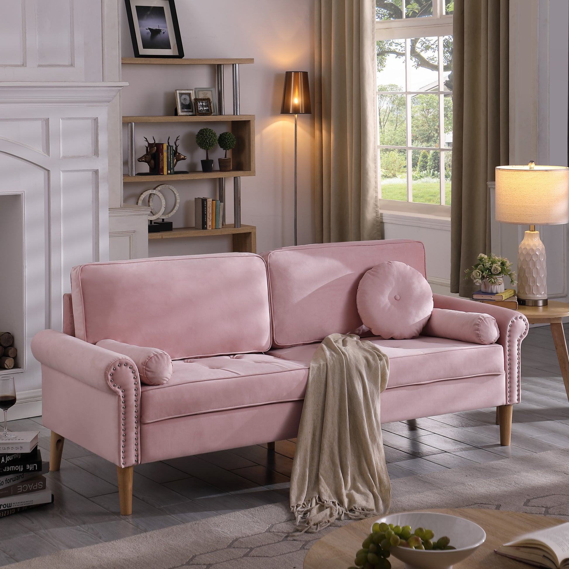 Living Room Sofa,3 Seater Sofawith Copper Nail On Arms ,Three Pillow,Pink Pink Velvet