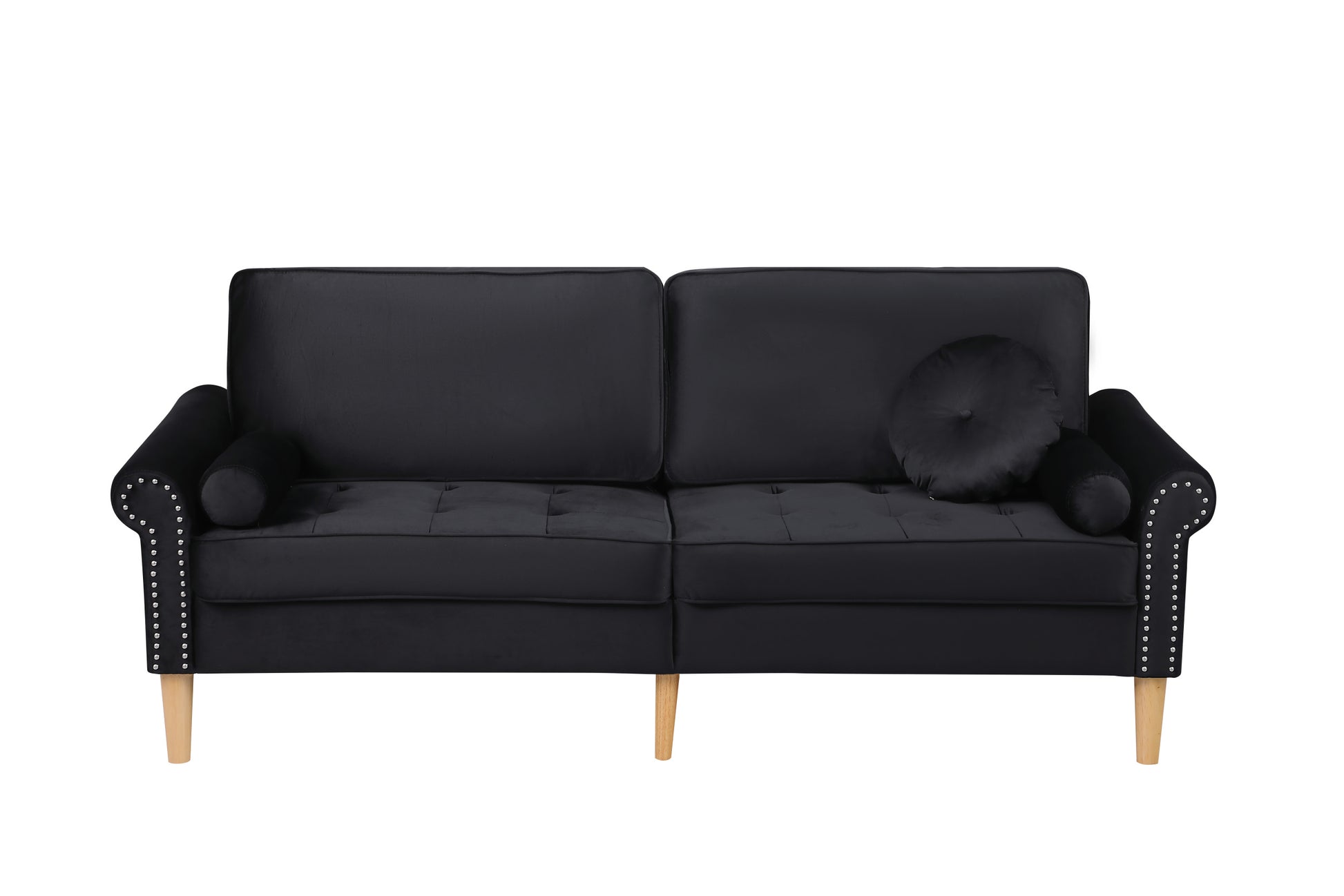 Living Room Sofa,3 Seater Sofawith Copper Nail On Arms ,Three Pillow,Black Black Velvet