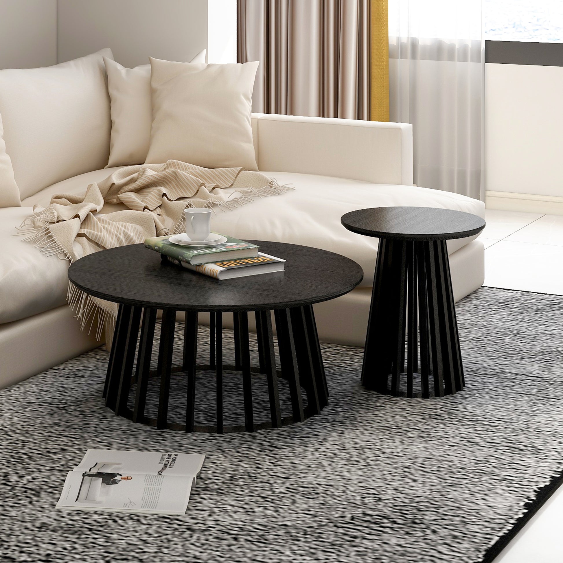 Round Coffee Table Set Of 2, Grille Molding, Suitable For Bedroom, Living Room, Balcony Black Mdf