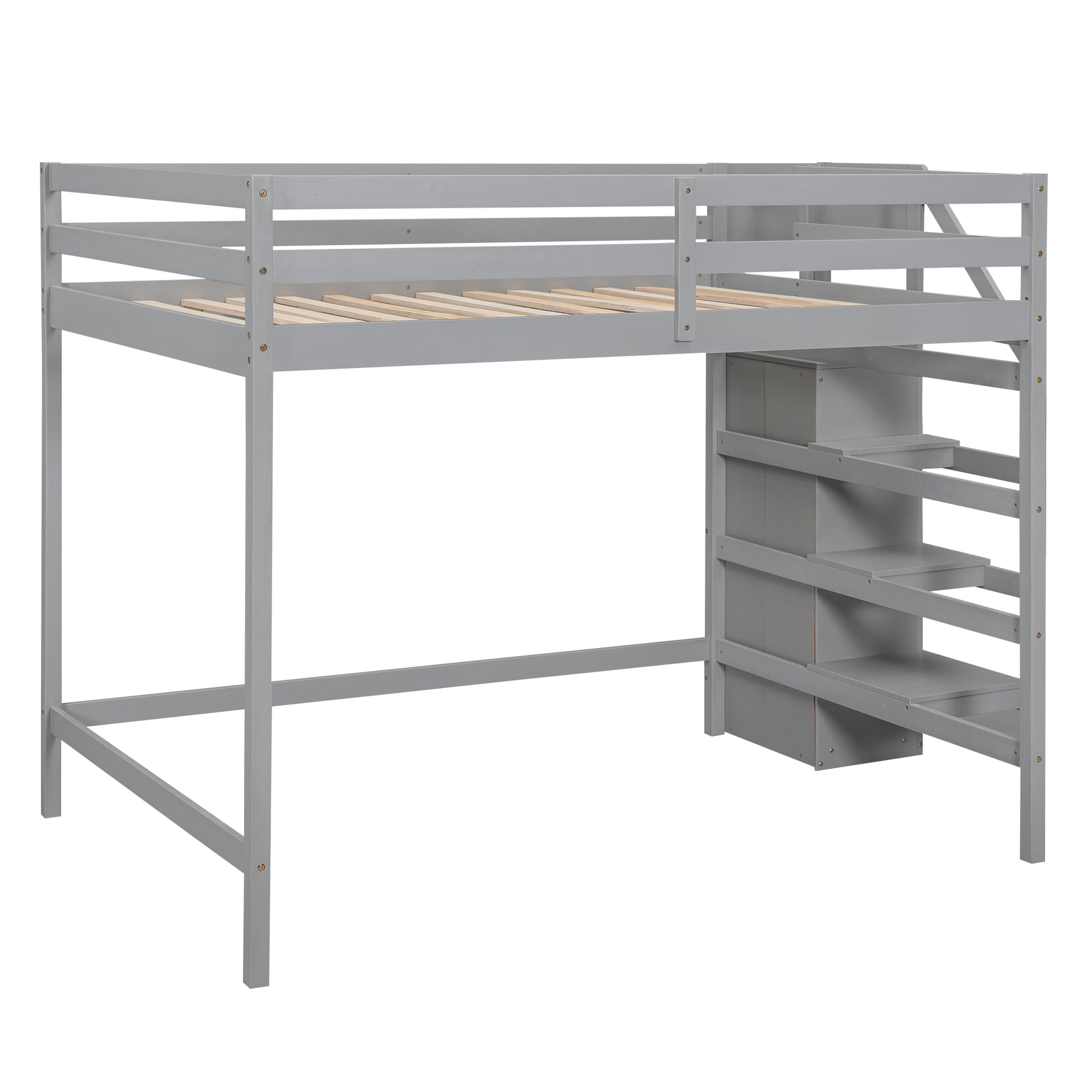 Full Size Loft Bed With Built In Storage Wardrobe And Staircase, Gray Box Spring Not Required Full Gray Wood Bedroom Pine