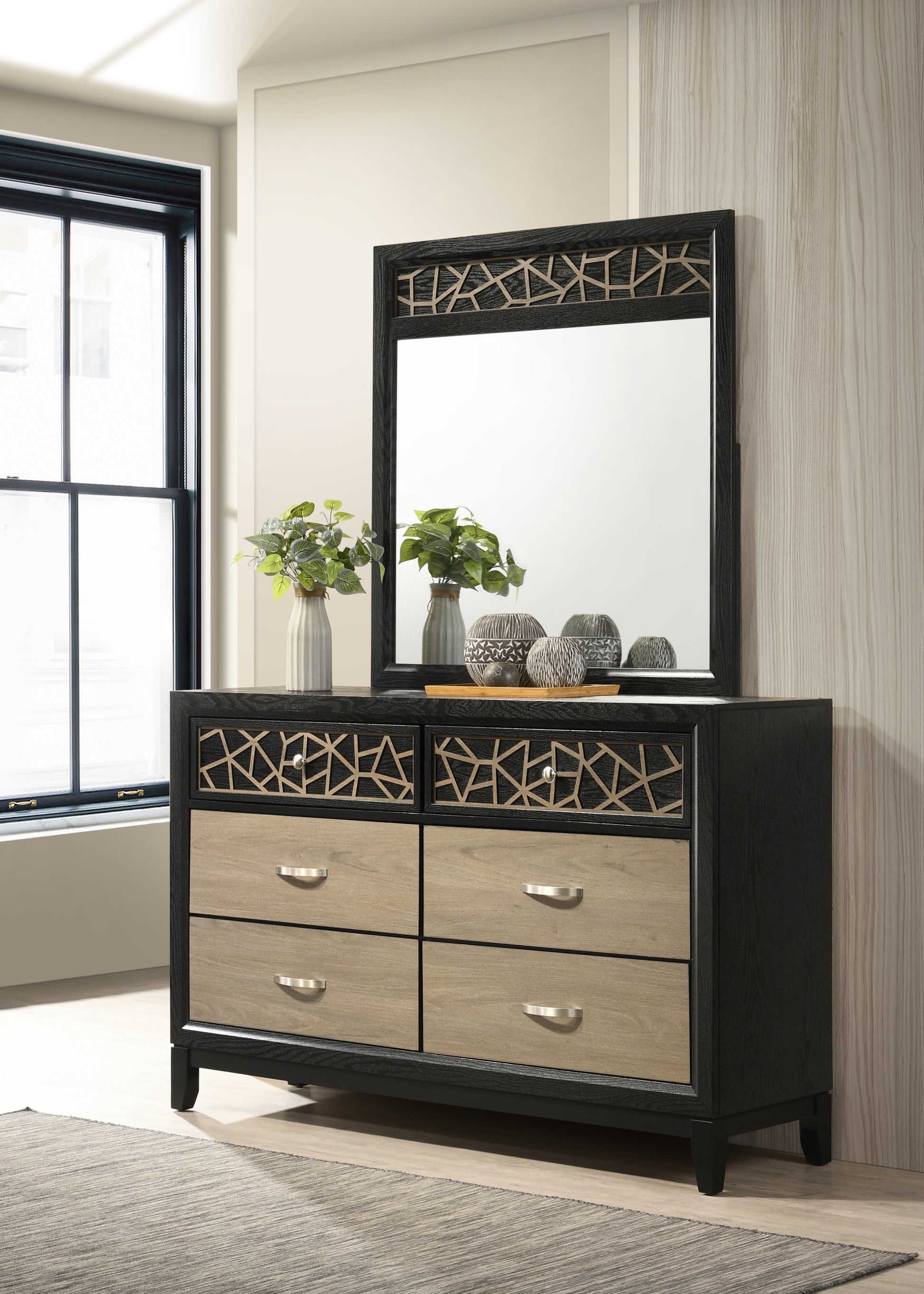 Selena Modern & Contemporary Queen 4Pc Bedroom Set Made With Wood In Black And Natural Box Spring Not Required Queen Black Natural Wood 4 Piece Set Bedroom Bed Included,Dresser Included,Mirror Included,Nightstand Included Contemporary,Modern Upholstered