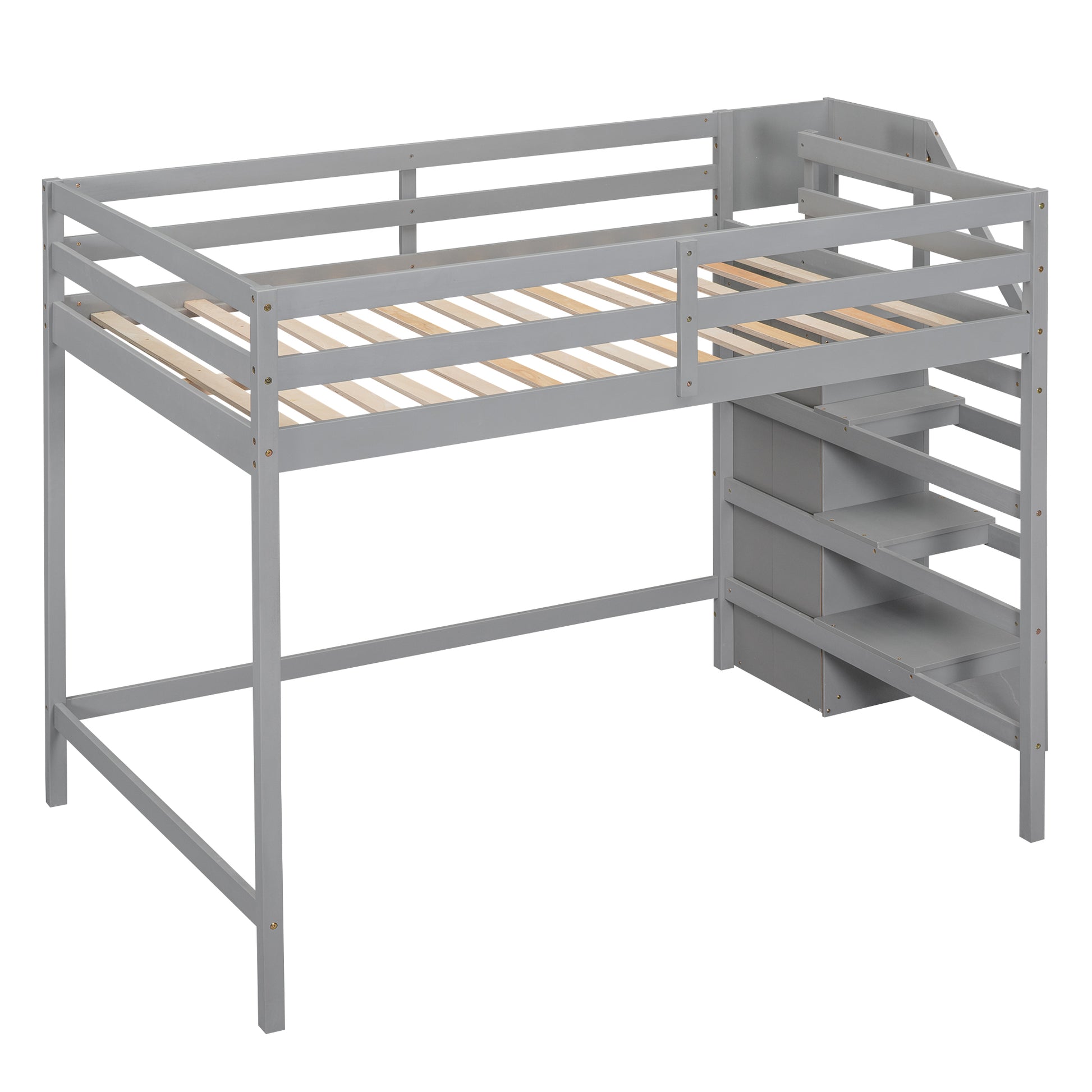 Full Size Loft Bed With Built In Storage Wardrobe And Staircase, Gray Old Sku:Sm000527Aae Box Spring Not Required Full Gray Wood Bedroom Pine