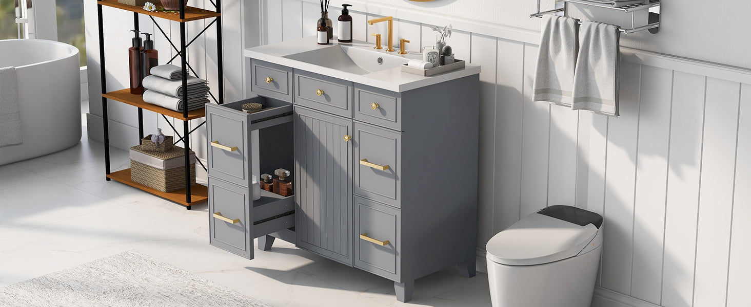 36" Bathroom Vanity Cabinet With Sink Top Combo Set, Grey, Single Sink, Shaker Cabinet With Soft Closing Door And Drawer Gray Solid Wood Mdf Resin