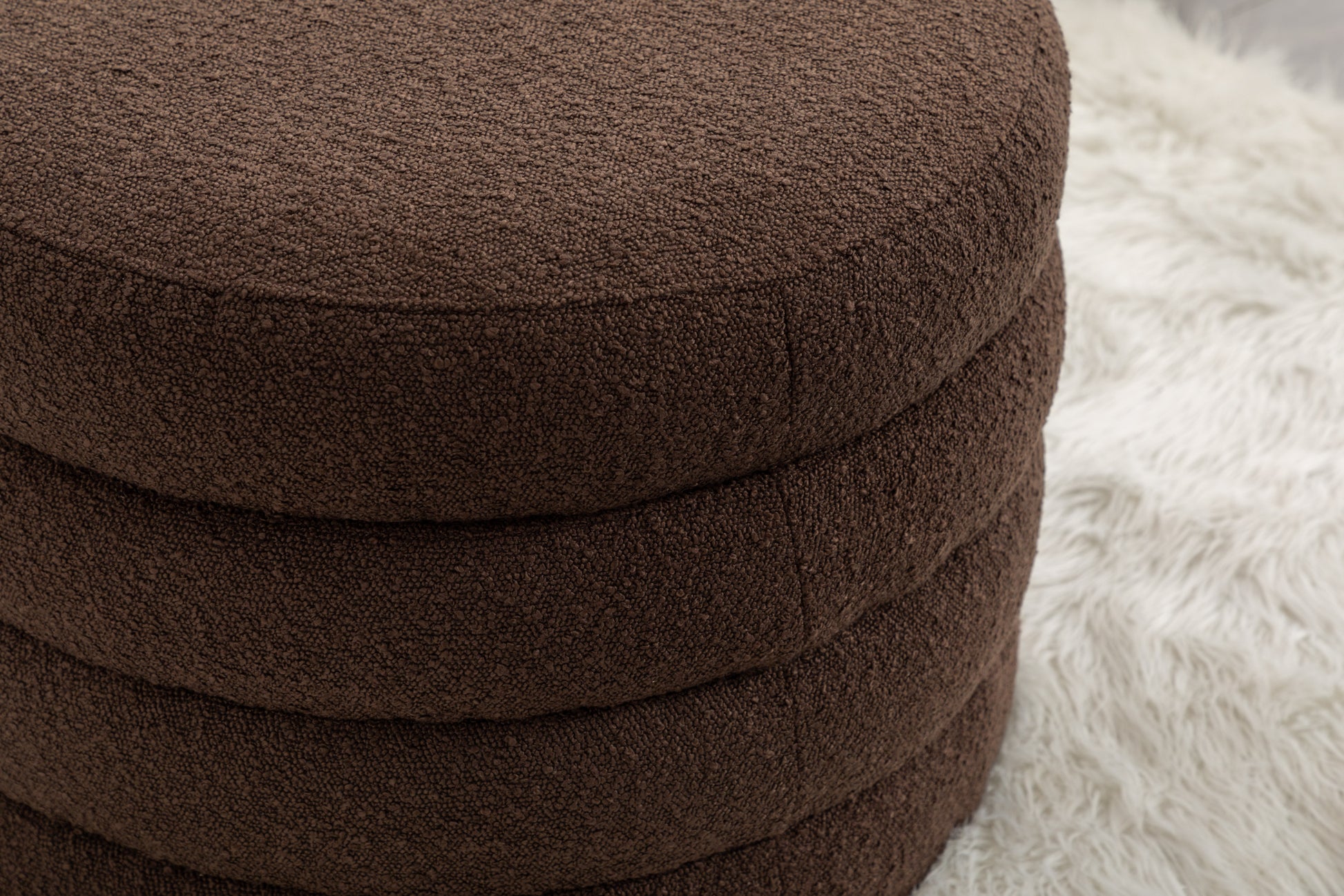 007 Boucle Fabric Storage Round Ottoman Footstool With Wooden Shelving,Brown White Wood Primary Living Space Brown Solid Eucalyptus Wood With Storage Brown Backless Soft Modern Flip Top Round Armless Foam Boucle