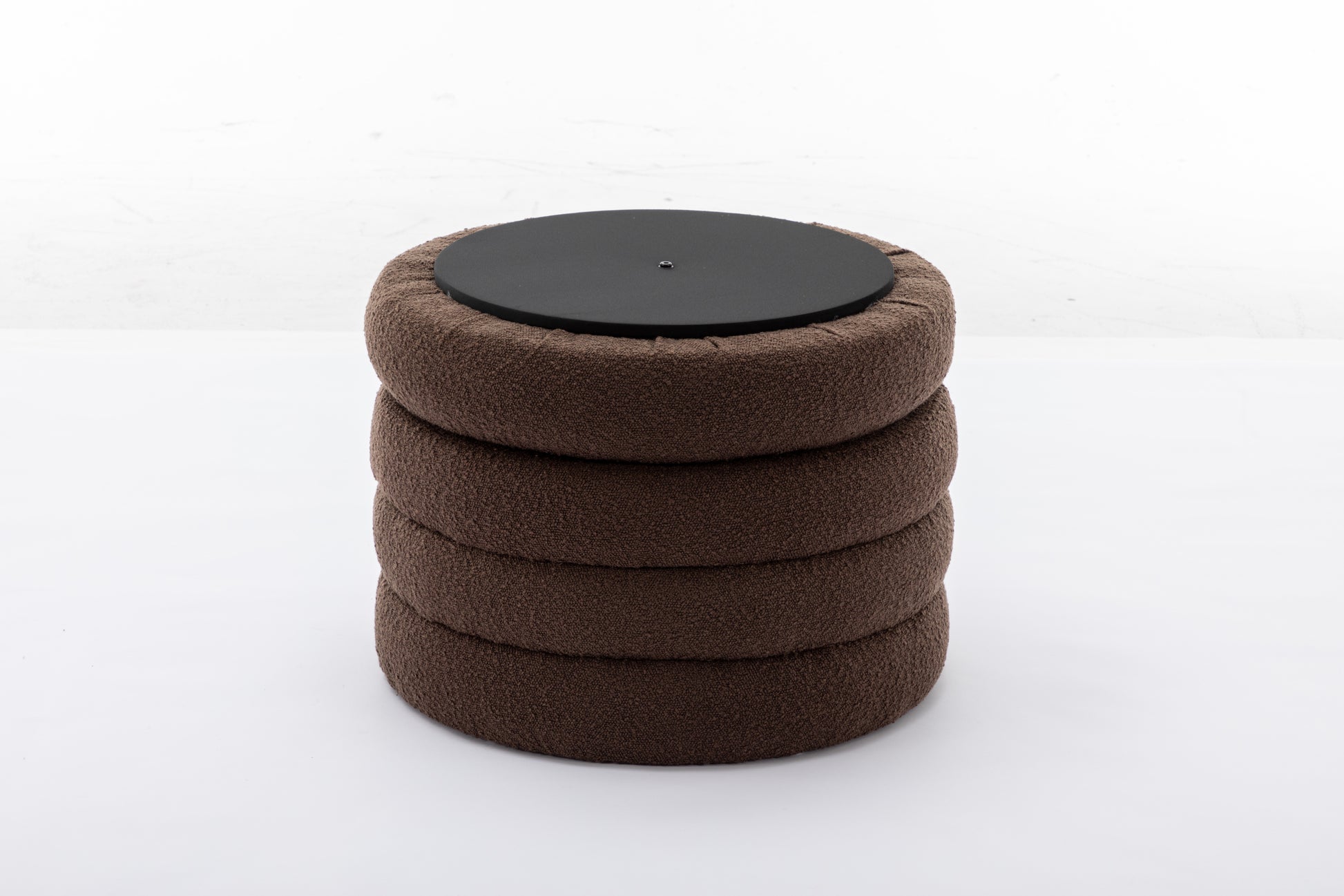 007 Boucle Fabric Storage Round Ottoman Footstool With Wooden Shelving,Brown White Wood Primary Living Space Brown Solid Eucalyptus Wood With Storage Brown Backless Soft Modern Flip Top Round Armless Foam Boucle