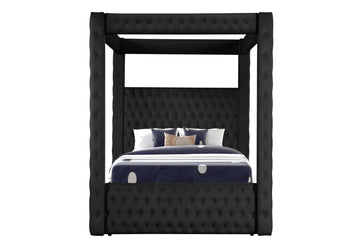 Monica Luxurious Four Poster Full Bed Made With Wood In Black Box Spring Not Required Full Black Wood Bedroom Modern Upholstered Velvet Wood