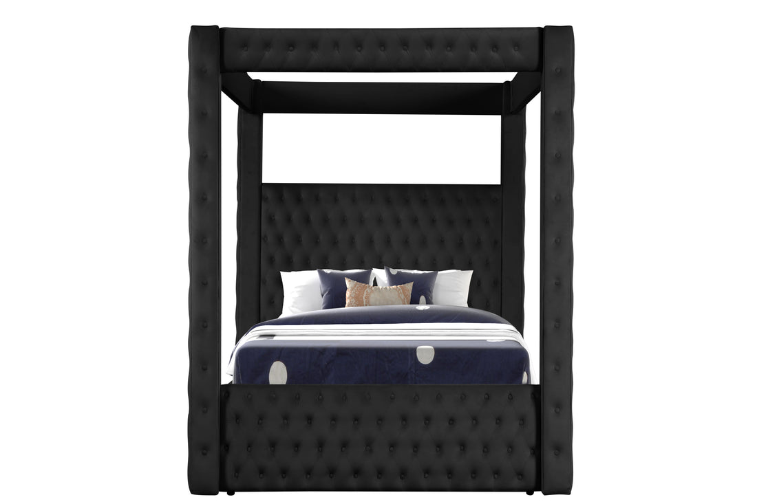 Monica Luxurious Four Poster Queen Bed Made With Wood In Black Box Spring Not Required Queen Black Wood Bedroom Modern Upholstered Velvet Wood