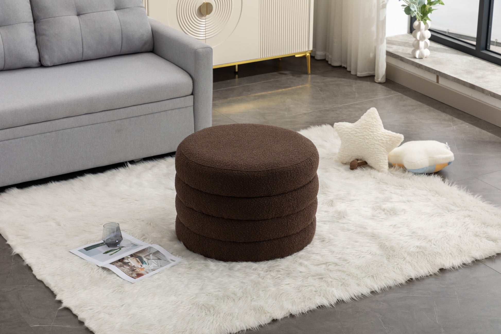 007 Boucle Fabric Storage Round Ottoman Footstool With Wooden Shelving,Brown White Wood Primary Living Space Brown Solid Eucalyptus Wood With Storage Brown Backless Soft Modern Flip Top Round Armless Foam Boucle