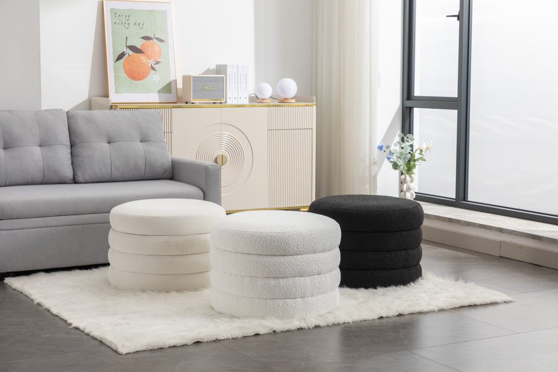 007 Velvet Fabric Storage Round Ottoman Footstool With Wooden Shelving,Ivory White Wood Primary Living Space White Solid Eucalyptus Wood With Storage Ivory Velvet Velvet Backless Soft Modern Flip Top Round Armless Foam Velvet