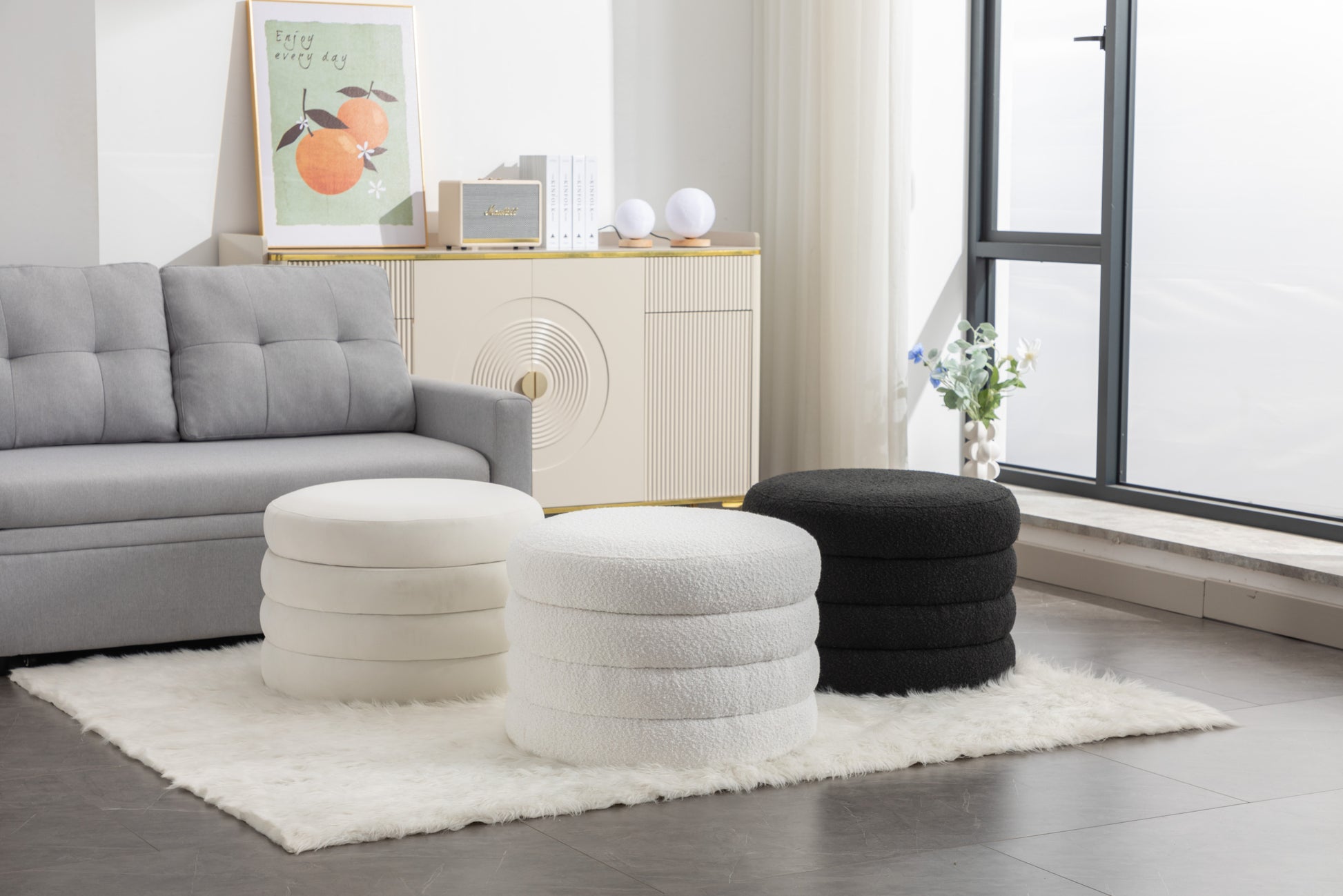 007 Velvet Fabric Storage Round Ottoman Footstool With Wooden Shelving,Ivory White Wood Primary Living Space White Solid Eucalyptus Wood With Storage Ivory Velvet Velvet Backless Soft Modern Flip Top Round Armless Foam Velvet