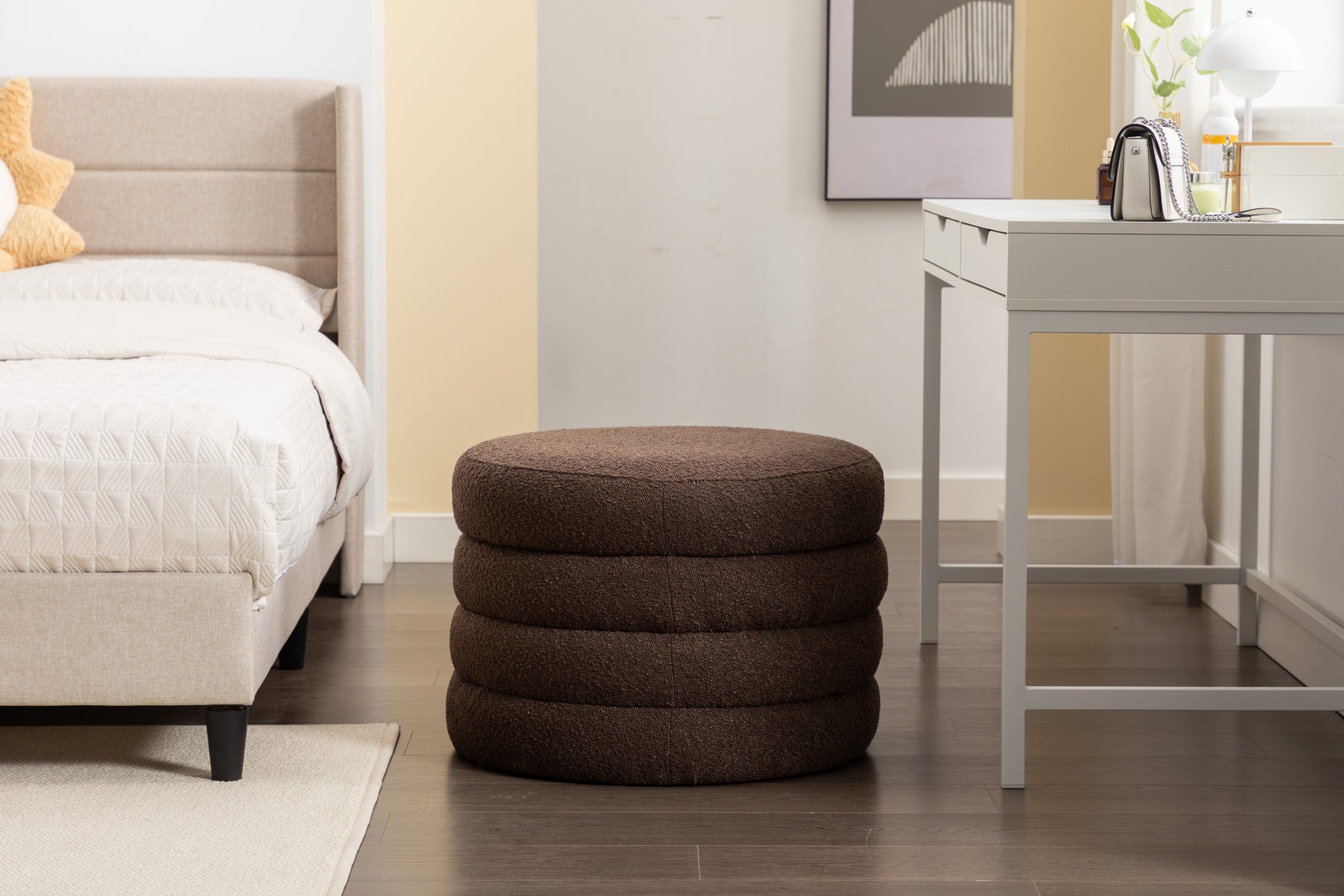 007 Boucle Fabric Storage Round Ottoman Footstool With Wooden Shelving,Brown White Wood Primary Living Space Brown Solid Eucalyptus Wood With Storage Brown Backless Soft Modern Flip Top Round Armless Foam Boucle