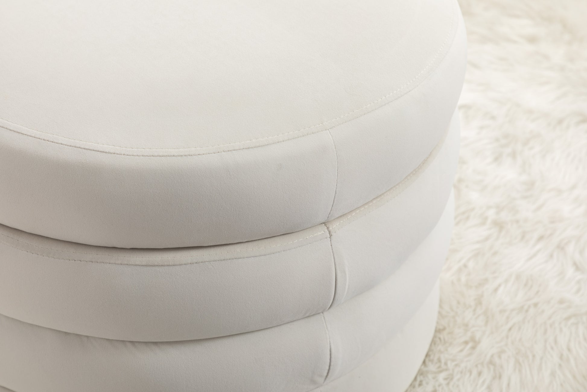 007 Velvet Fabric Storage Round Ottoman Footstool With Wooden Shelving,Ivory White Wood Primary Living Space White Solid Eucalyptus Wood With Storage Ivory Velvet Velvet Backless Soft Modern Flip Top Round Armless Foam Velvet