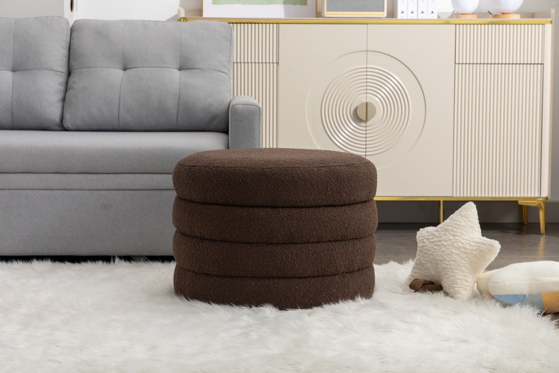 007 Boucle Fabric Storage Round Ottoman Footstool With Wooden Shelving,Brown White Wood Primary Living Space Brown Solid Eucalyptus Wood With Storage Brown Backless Soft Modern Flip Top Round Armless Foam Boucle