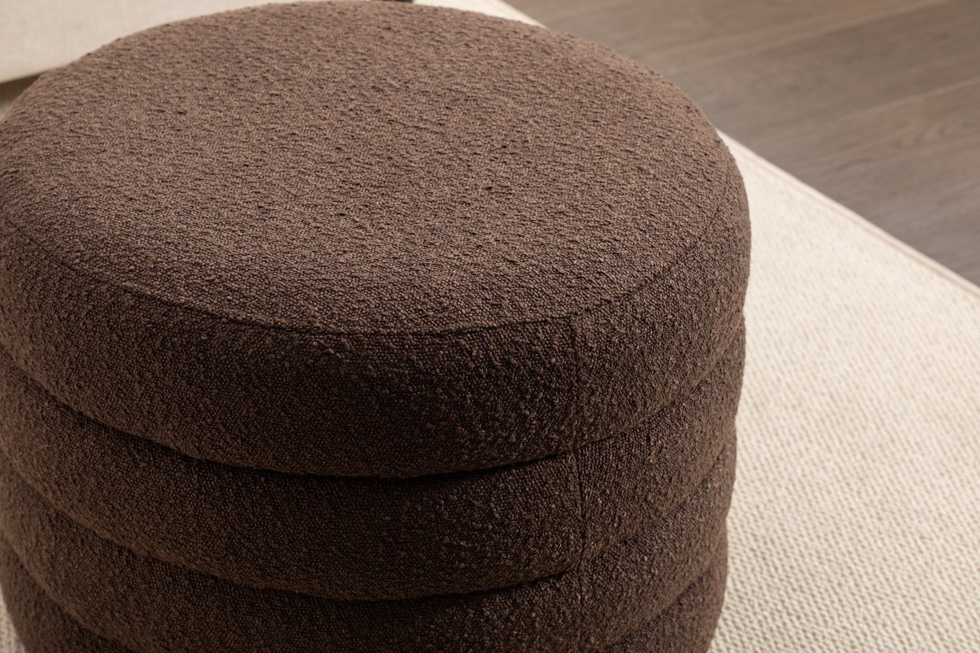 007 Boucle Fabric Storage Round Ottoman Footstool With Wooden Shelving,Brown White Wood Primary Living Space Brown Solid Eucalyptus Wood With Storage Brown Backless Soft Modern Flip Top Round Armless Foam Boucle