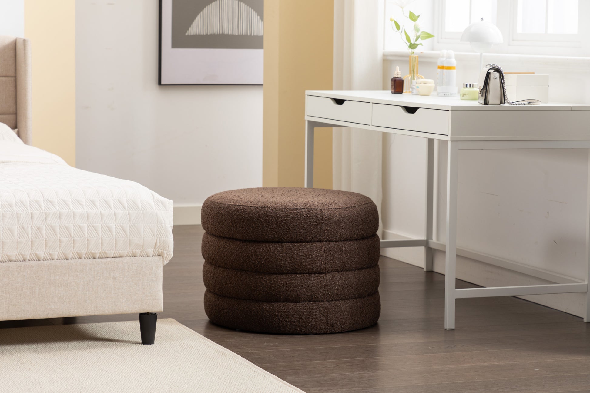 007 Boucle Fabric Storage Round Ottoman Footstool With Wooden Shelving,Brown White Wood Primary Living Space Brown Solid Eucalyptus Wood With Storage Brown Backless Soft Modern Flip Top Round Armless Foam Boucle