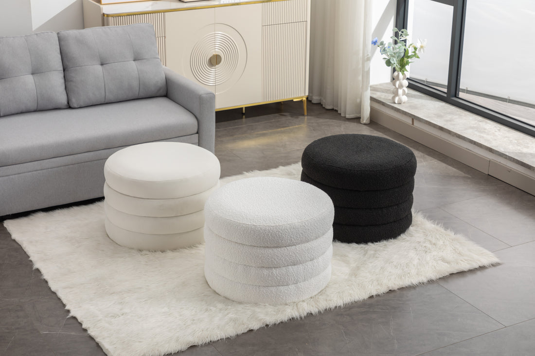 007 Velvet Fabric Storage Round Ottoman Footstool With Wooden Shelving,Ivory White Wood Primary Living Space White Solid Eucalyptus Wood With Storage Ivory Velvet Velvet Backless Soft Modern Flip Top Round Armless Foam Velvet