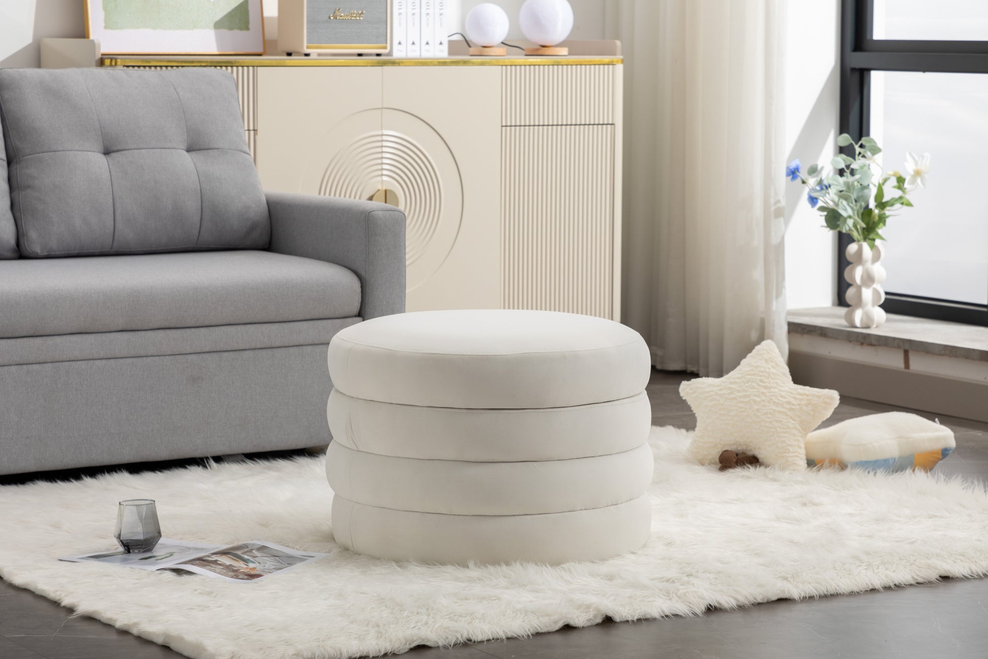 007 Velvet Fabric Storage Round Ottoman Footstool With Wooden Shelving,Ivory White Wood Primary Living Space White Solid Eucalyptus Wood With Storage Ivory Velvet Velvet Backless Soft Modern Flip Top Round Armless Foam Velvet