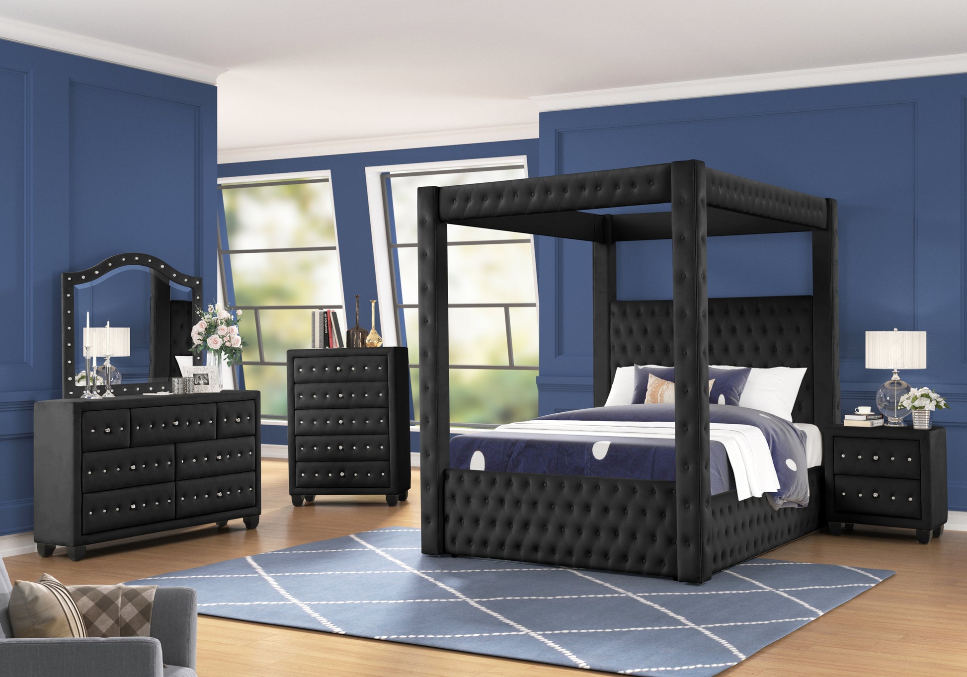 Monica Luxurious Four Poster Queen Bed Made With Wood In Black Box Spring Not Required Queen Black Wood Bedroom Modern Upholstered Velvet Wood