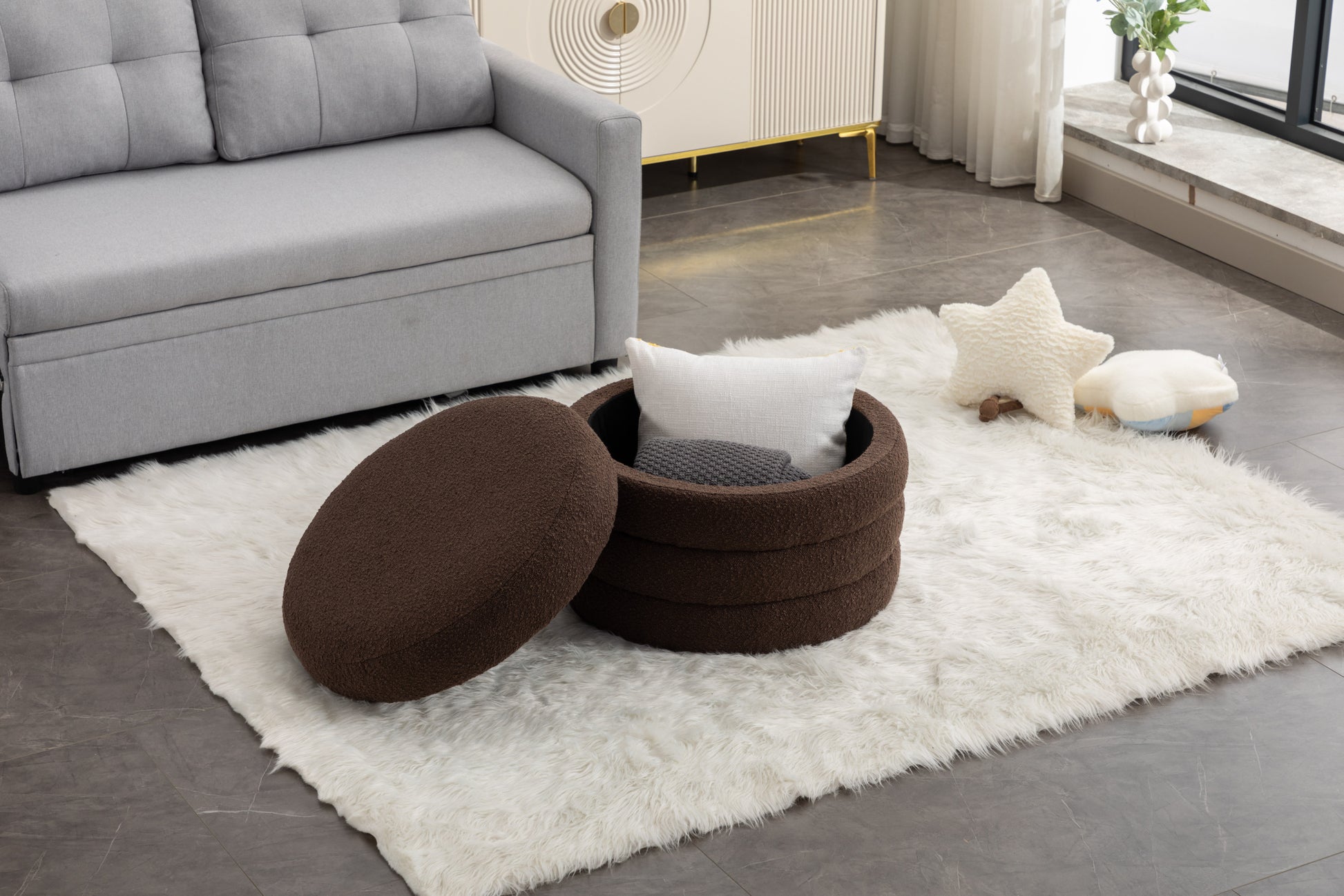 007 Boucle Fabric Storage Round Ottoman Footstool With Wooden Shelving,Brown White Wood Primary Living Space Brown Solid Eucalyptus Wood With Storage Brown Backless Soft Modern Flip Top Round Armless Foam Boucle